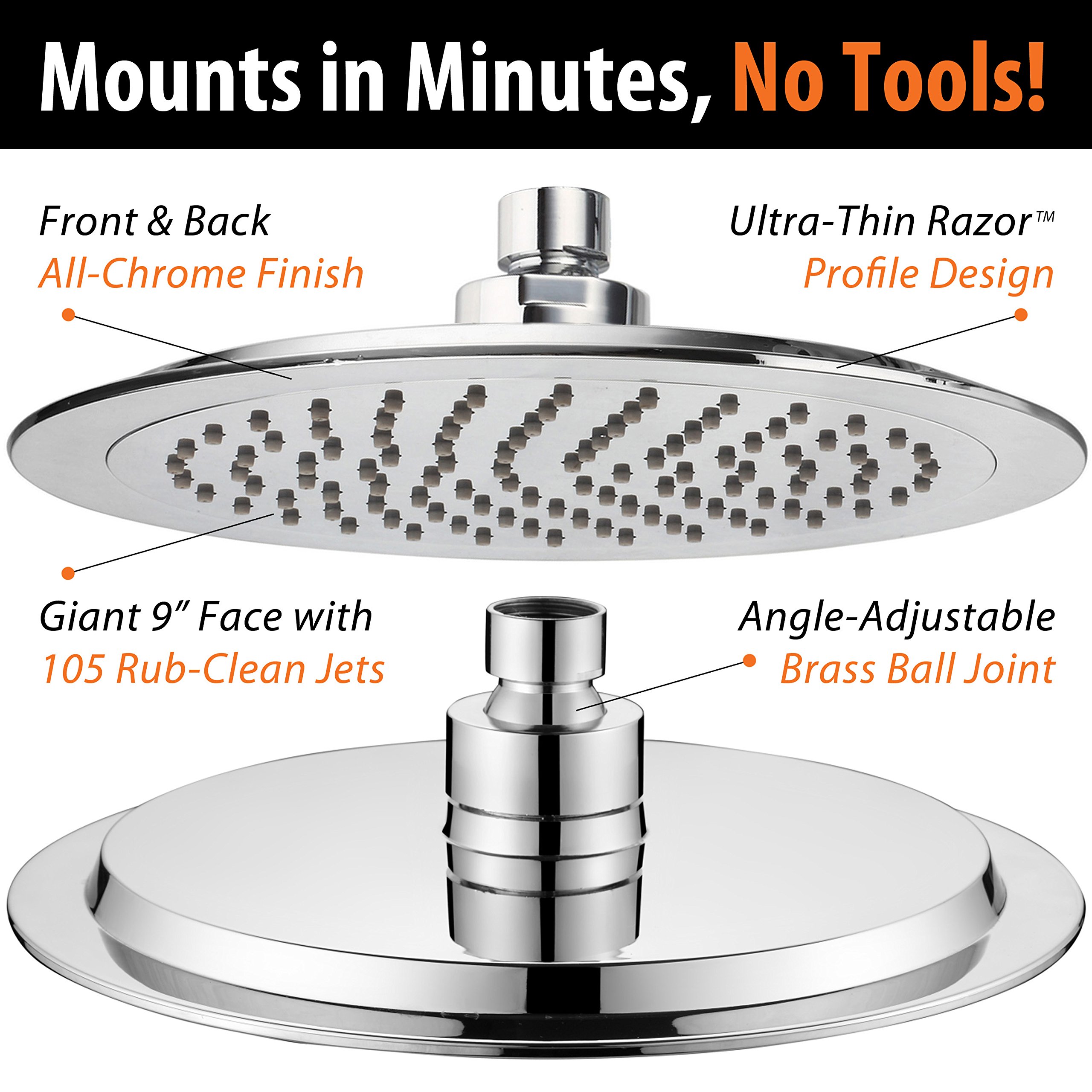 AquaSpa 9-inch Round Rain Shower Head (180 degrees Adjustable) PLUS HotelSpa 11 Inch Solid Brass Height/Angle Adjustable Extension Arm