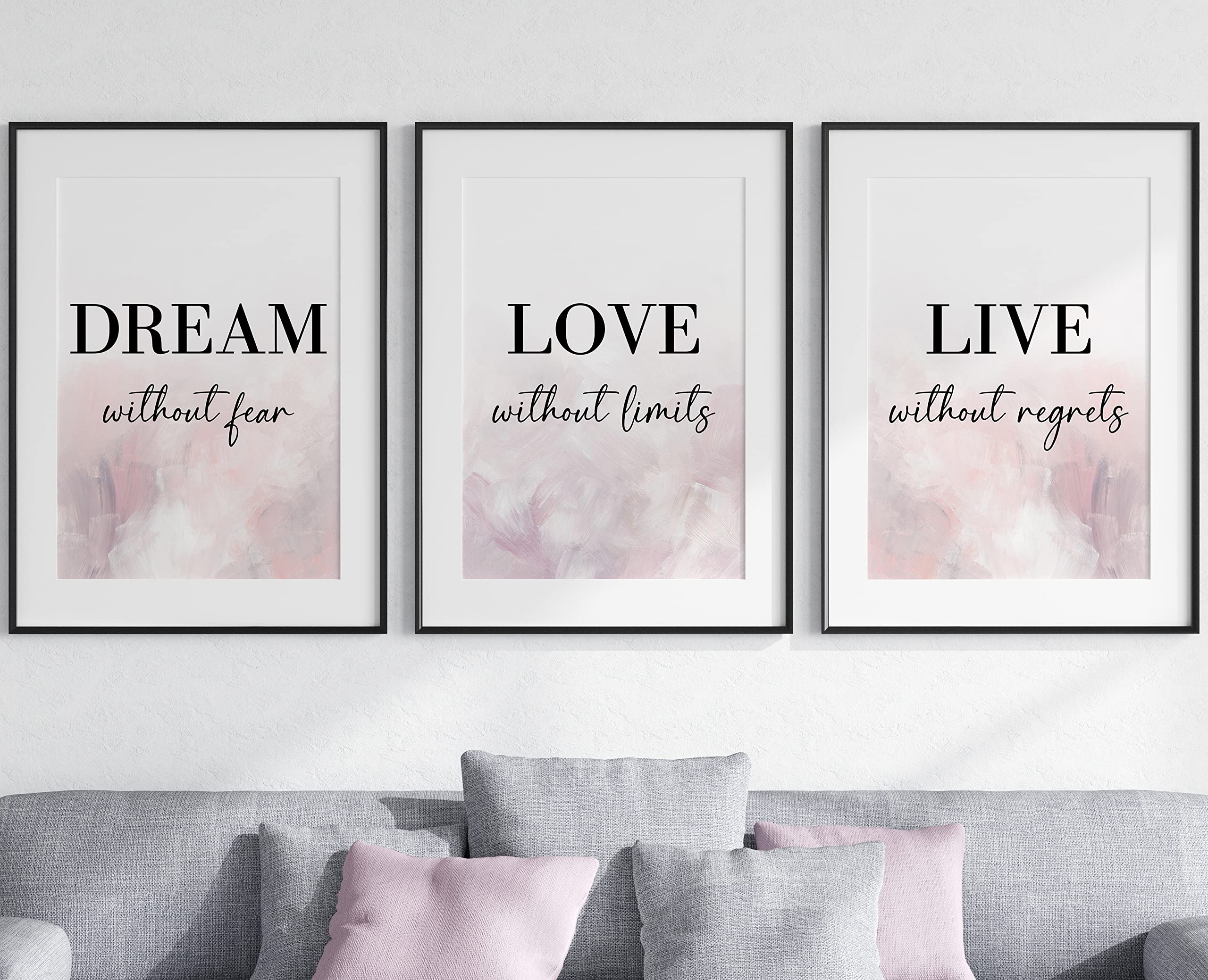 Dream Love Live Quotes set of 3 Unframed Prints, Pink Purple Brushstroke Style, Home Decor Wall Art, Dream Without Fear, Love Without Limits, Live Without Regrets (A3)