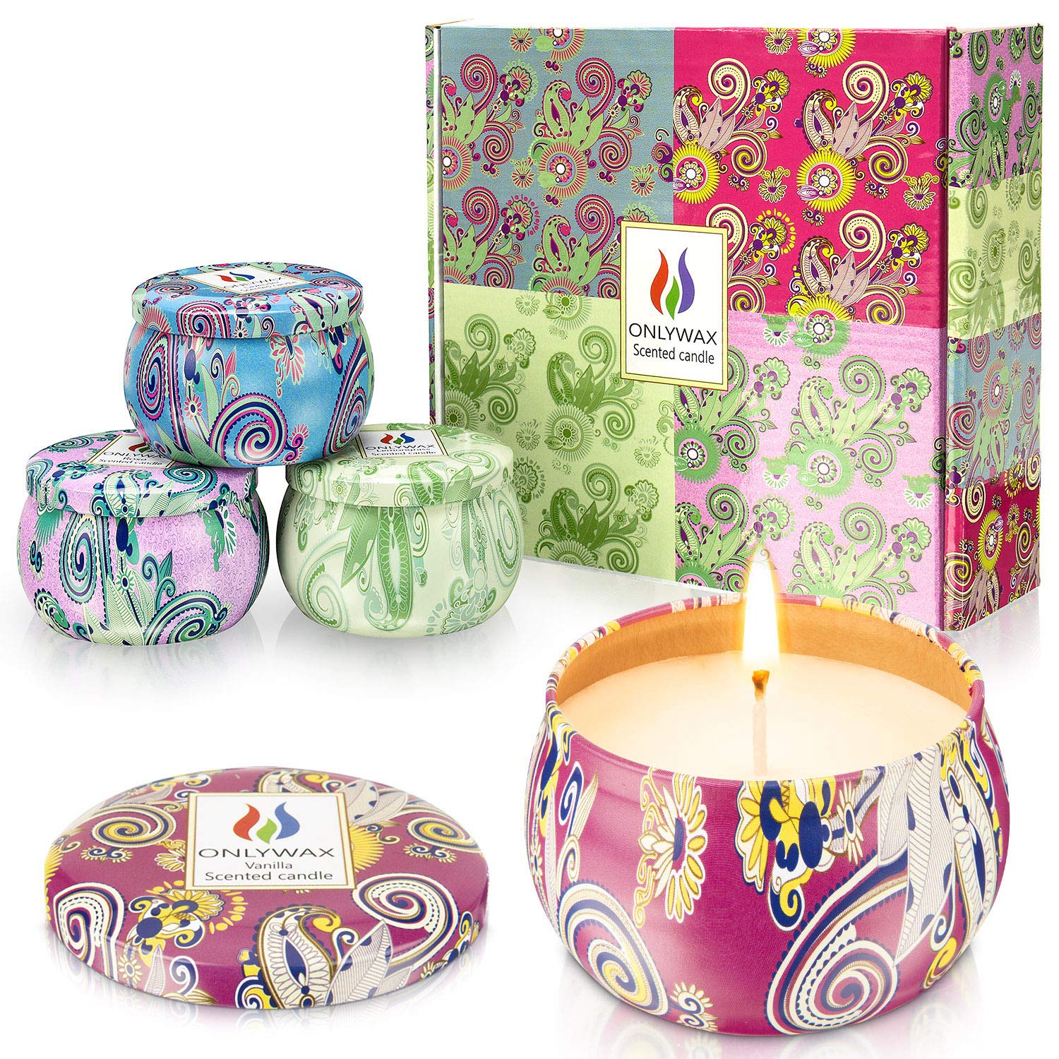 Onlywax 4 x 125 Grams Scented Candles, Soy Wax Aromatherapy Candle Gift Set for Women, Rose, Lavender, Vanilla, Lemongrass