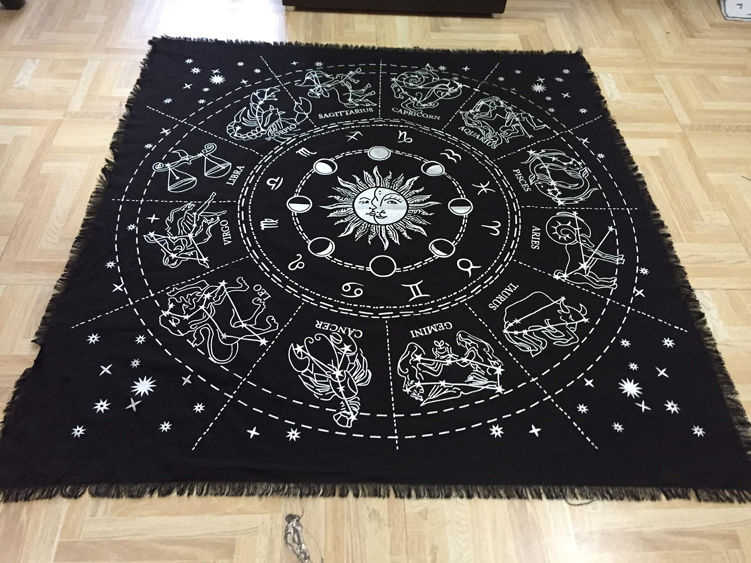 Indian Consigners Altar Cloth Zodiac Astro Witchcraft Alter Tarot Spread Table Cloth Wiccan Spiritual Sacred Cloth (Zodiac Silver)