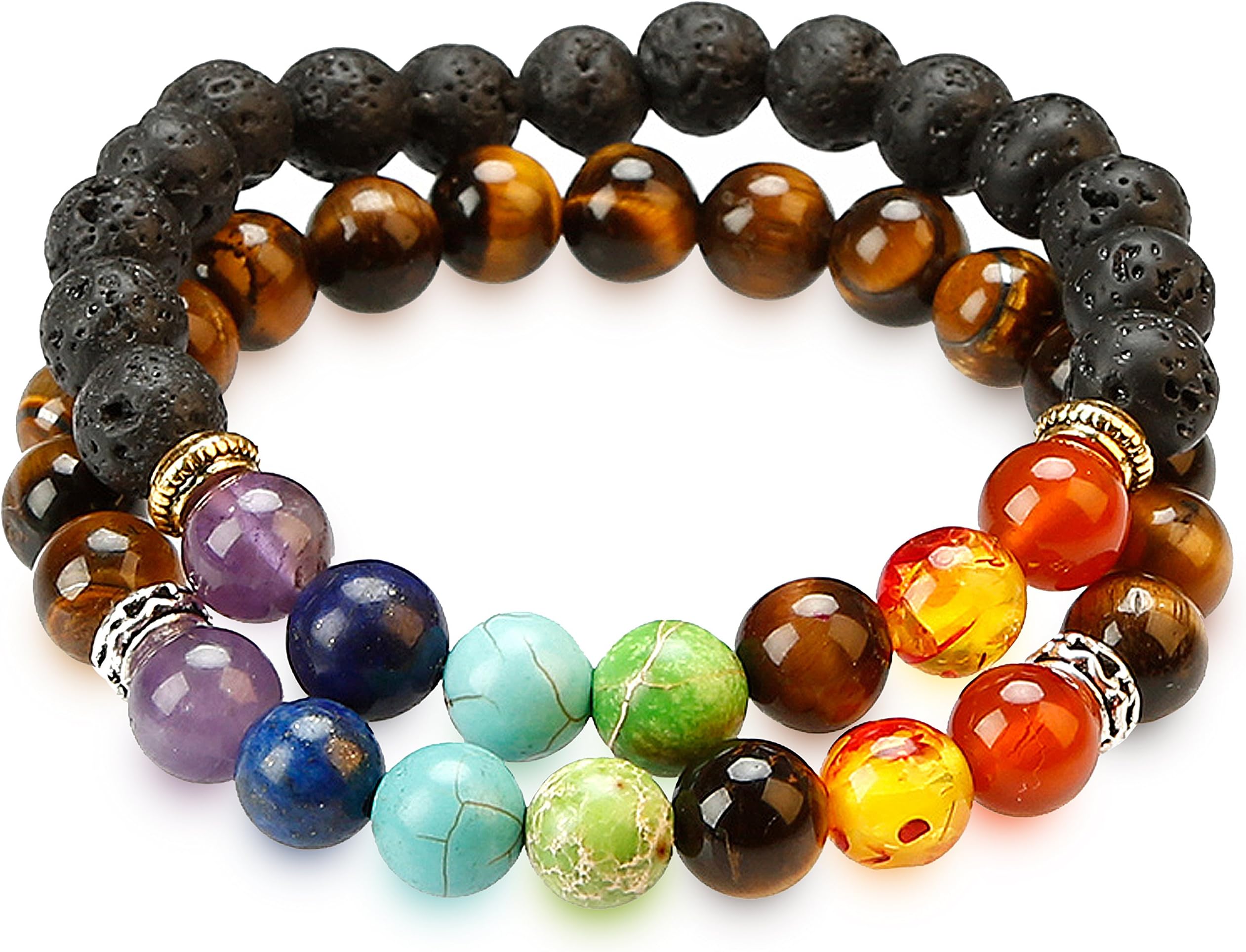 HoodaSpa 2 Pack Chakra Bracelets 7 Chakra/Lava Diffuser Bracelet + Chakra/Other Bracelets - Bracelets for Men/Women with Real Stone Beads for Anxiety, Healing, Energy, Balance and Good Luck
