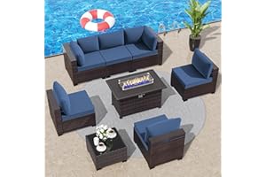 RTDTD Outdoor Patio Furniture Sets with Propane Fire Pit Table, 8 Pieces Outdoor Furniture Patio Sectional Sofa Conversation Sets w/ETL Approved 43" Gas Outdoor Fire Table & Coffee Table (Dark Blue)