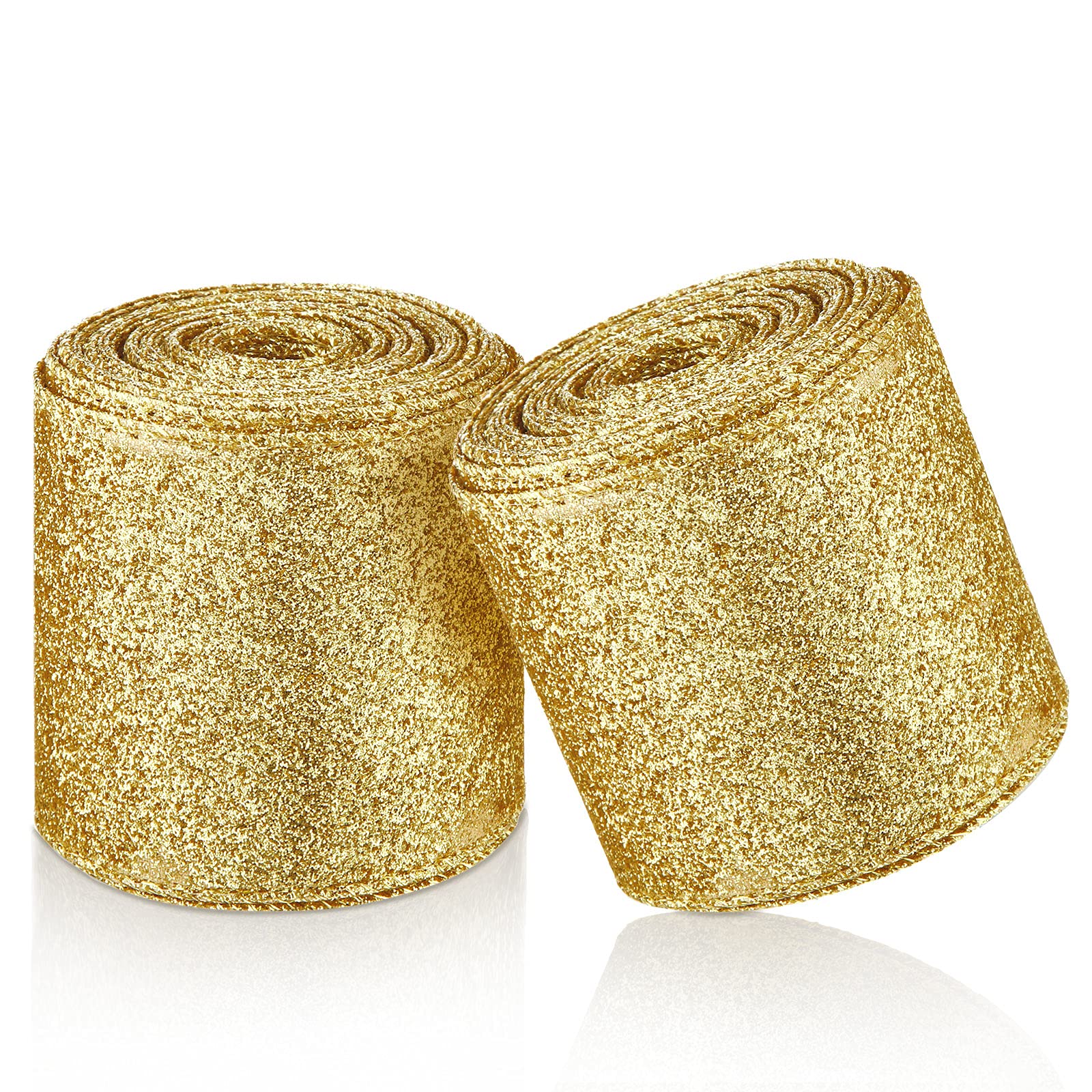 Photo 1 of 2 Rolls 20 Yards Christmas Ribbon Metallic Glitter Ribbon Wired Edge Decorative Fabric Ribbons for Party Wrapping Home Decorations Wedding Birthday DIY Crafts 2.5 Inch (Gold)