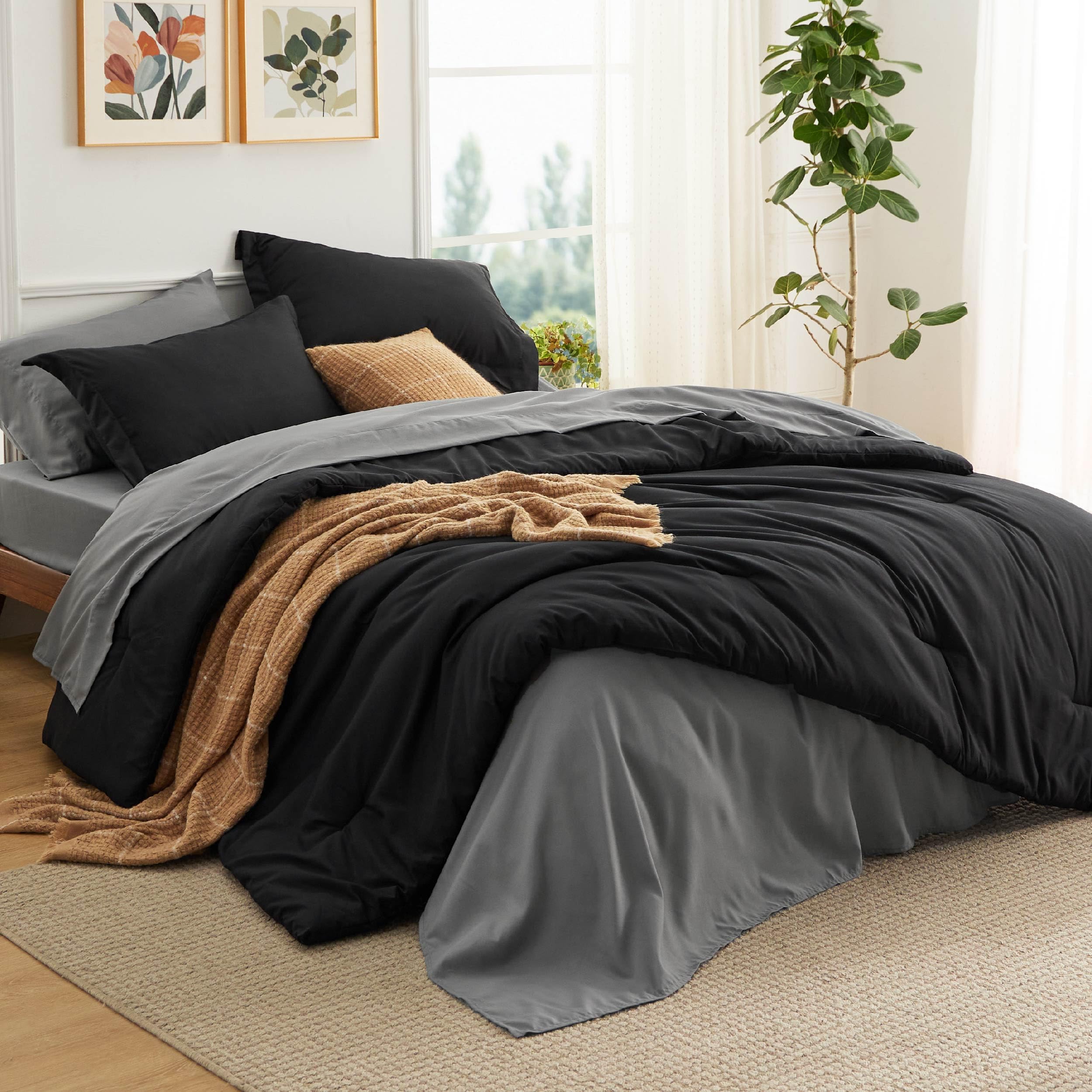Photo 1 of Bedsure Twin Comforter Set - 5 Pieces Black Twin Bedding Set for All Seasons, Boho Contrasting Design Bed in a Bag with Comforter, Sheets, Pillowcase & Sham