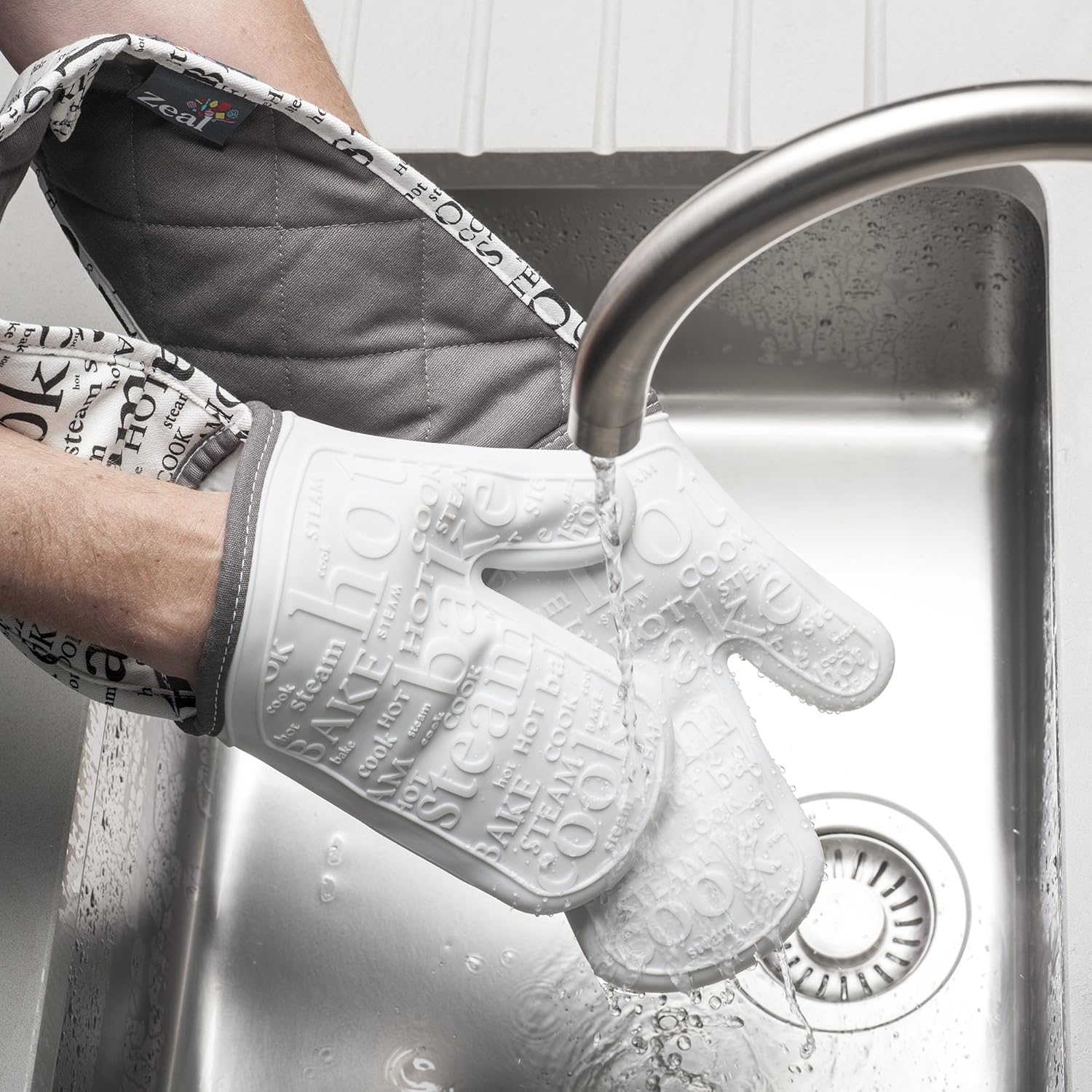 Zeal Silicone Heavy Duty Double Oven Gloves Mitts White (94 cm Long) Script BigaMart