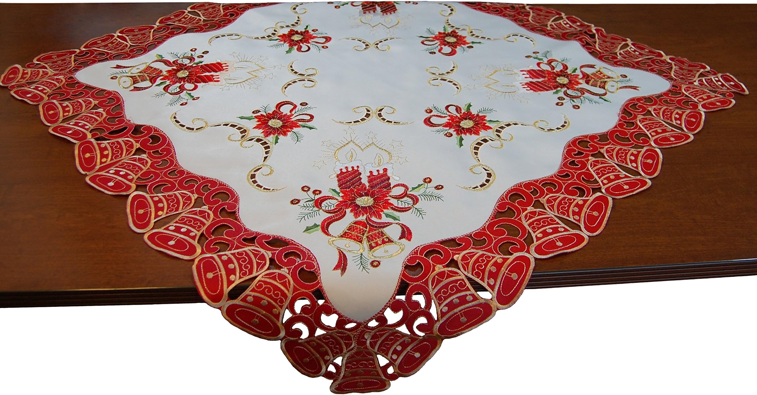EcoSol Designs Embroidered Christmas Bells (34"x34", Red White Gold) Table Cover/Topper