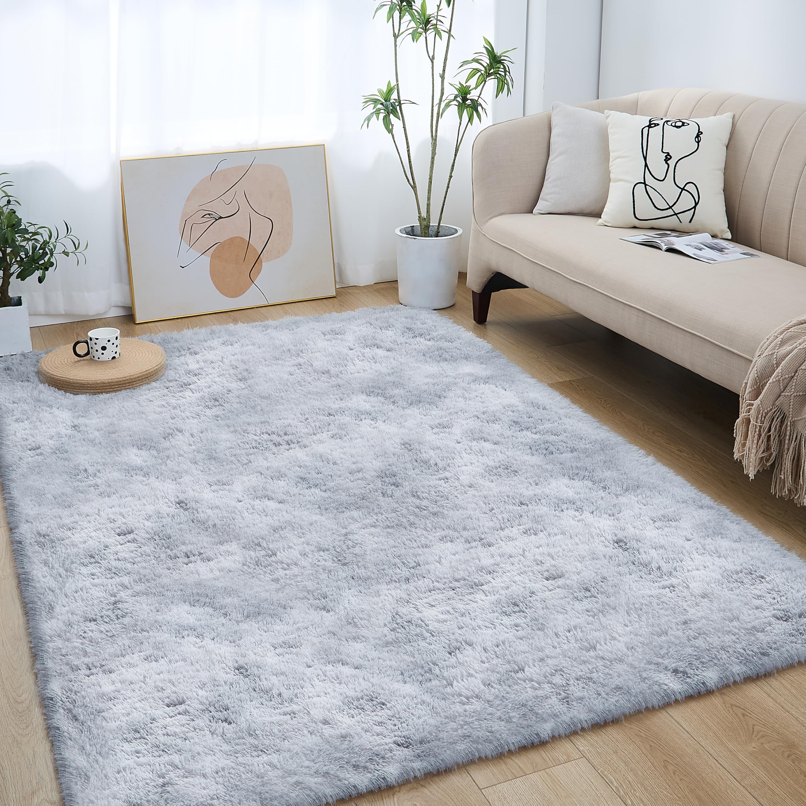 Lommegy Non-Slip Area Rug Living Room Grey- Fluffy Washable 120 x 160 cm Soft, Durable & Easy to Clean for Bedroom & Kids' Room