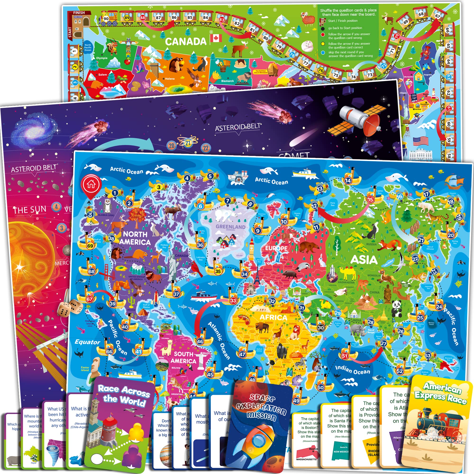 Photo 1 of QUOKKA 3X Set Learning Board Games for Kids 6-8 - Educational Trivia Cards Ages 8-12 - Travel United States - World Map - Explore Outer Space - Gift for Children and Teens 4-8 - Floor Puzzles
