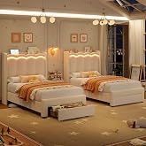 HIFIT 2 Set Twin LED Bed Frame with Storage Drawer and Charging Station | Beige Velvet Princess Twin Beds for Kids, Girls Bed with Double Wavy Wingback Headboard and Solid Frame