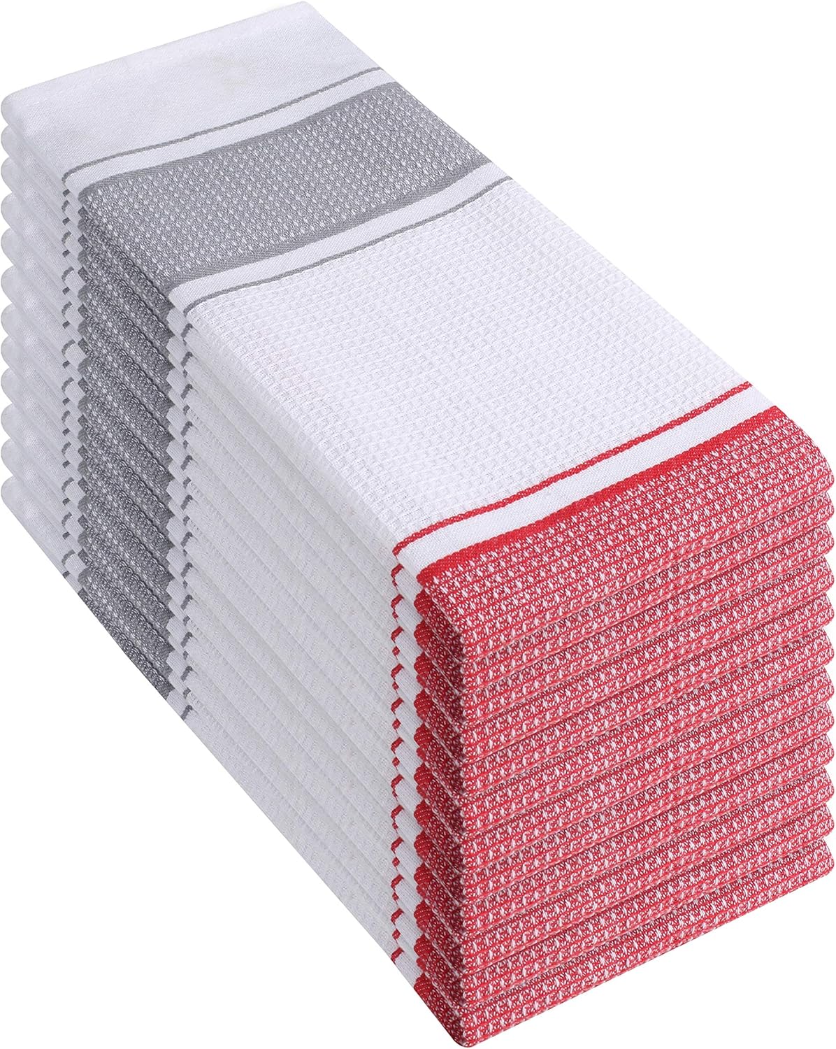 Elvana Home 12 Pack Kitchen Dish Towels 100% Cotton 16x26 Waffle Stripe, Dish Cloths, Tea Towels, Bar Towels, Durable Machine Washable Ultra-Absorbent Kitchen Towels with Hanging Loop, Red White