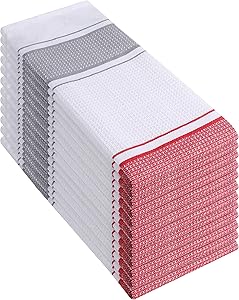 Elvana Home 12 Pack Kitchen Dish Towels 100% Cotton 16x26 Waffle Stripe, Dish Cloths, Tea Towels, Bar Towels, Durable Machine Washable Ultra-Absorbent Kitchen Towels with Hanging Loop, Red White