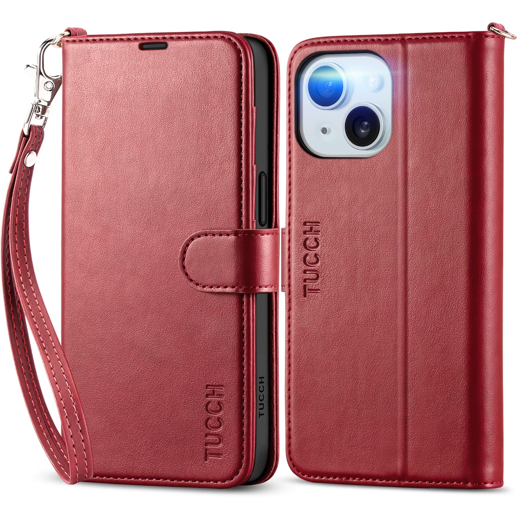 Photo 1 of TUCCH Wallet Case for iPhone 15 with [Wrist Strap], Magnetic Closure RFID Blocking 4 Card Slot, Stand Shockproof TPU Shell PU Leather Folio Compatible with iPhone 15 6.1" 2023, Dark Red with Wristlet