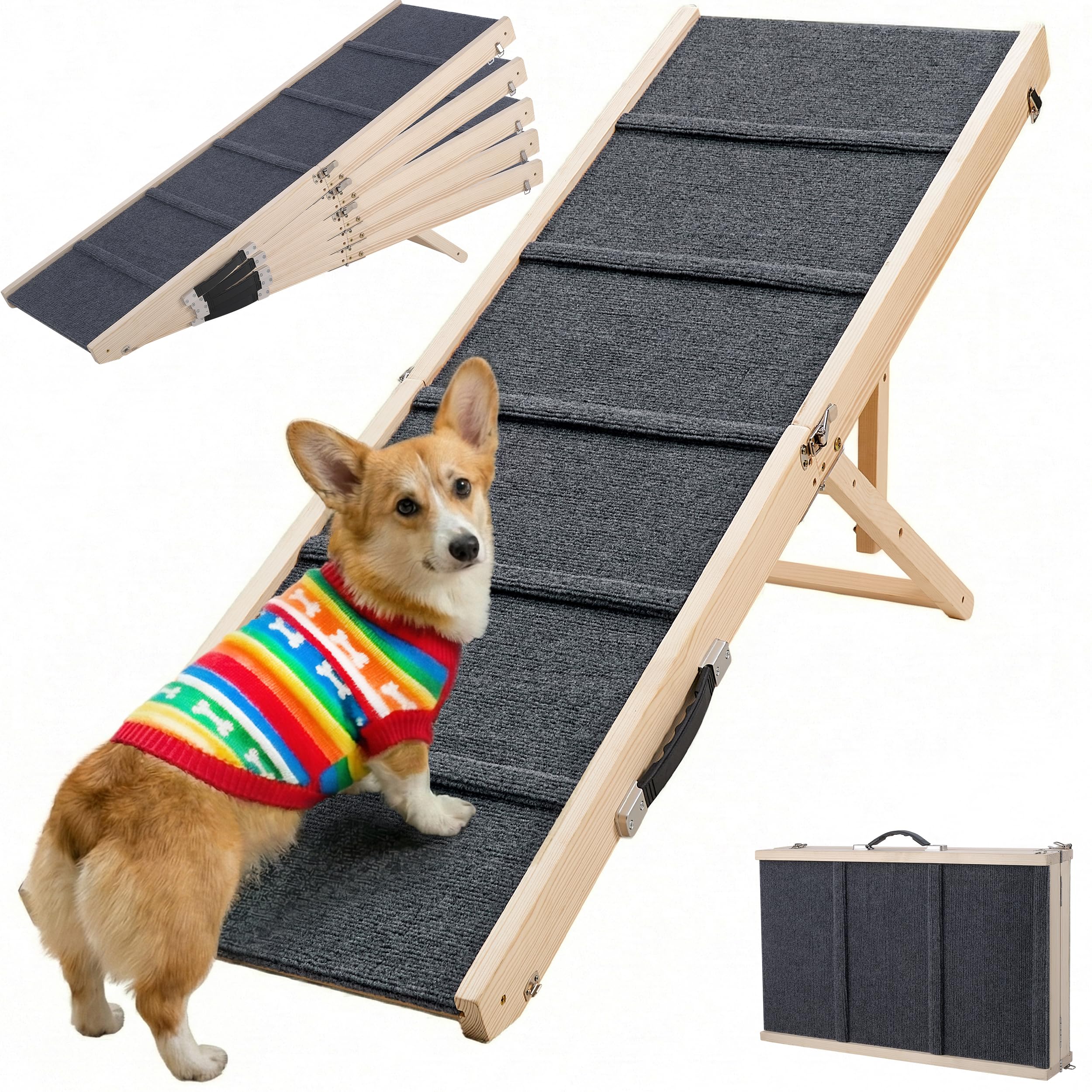 Photo 1 of Staycalis Home Dog Ramp for Bed & Couch - Extra 51.2" Long Adjustable Height 9.5" to 24" Wooden Non-Slip Pet Ramp, Portable Foldable Doggie Car Ramp for Small Medium Large Dogs, 200 LBS Load
