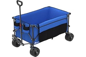 Mdeam 220L Collapsible Foldable Wagon, Heavy Duty Folding Utility Cart with Big All-Terrain Beach Wheels, Cup Holders, Side Pockets and Adjustable Handle for Camping, Garden, Sports, Shopping (Blue)