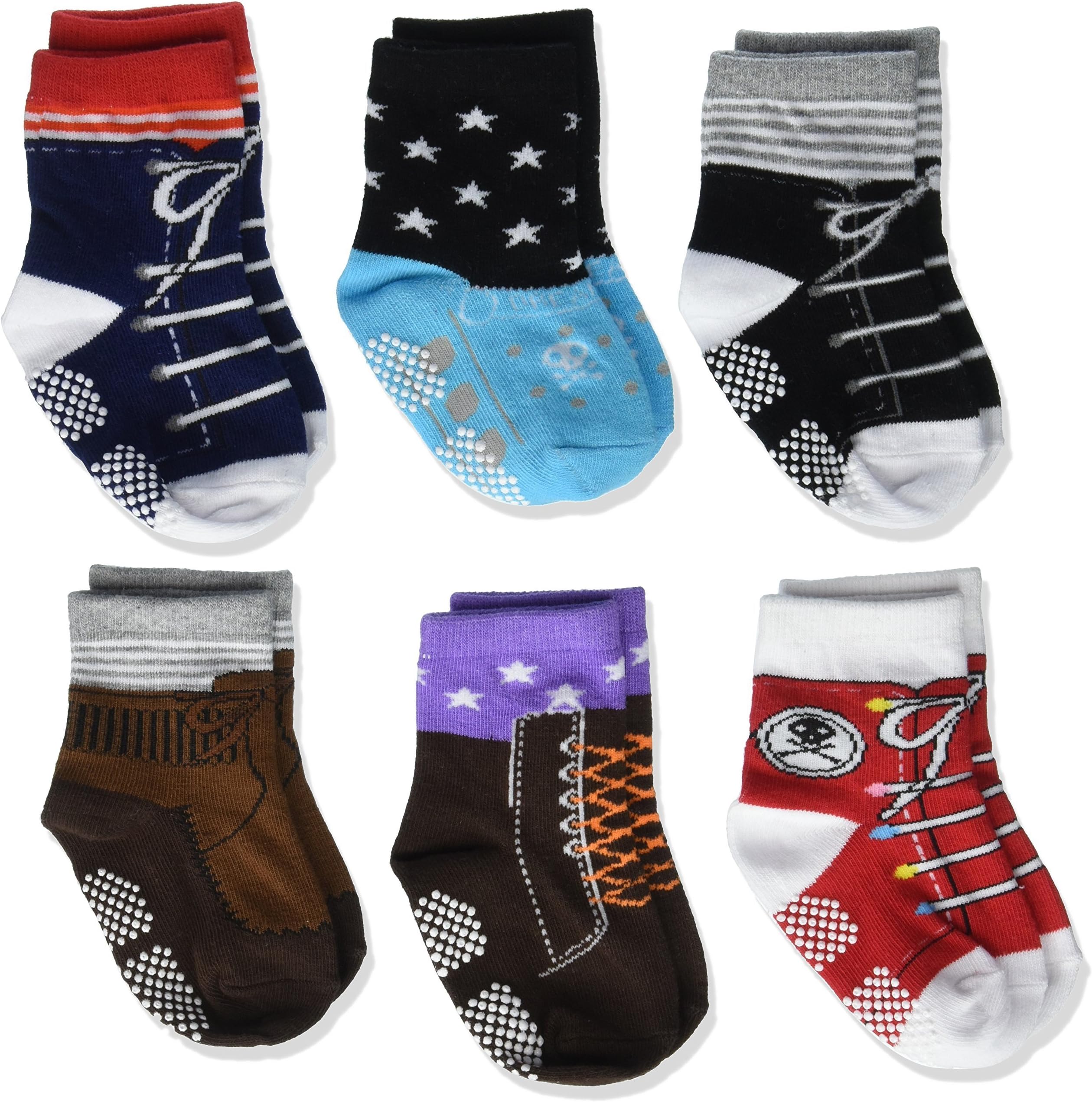Kakalu Todder 6 Pairs Non Sikd Shoe Socks Infant Baby Boy Anti Slip Cotton Cozy Ankle Low Cut Footsocks Sneakers Crew Walker Socks with Grips for 12-24 Months