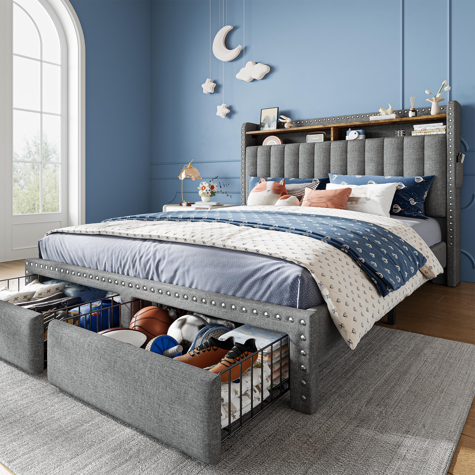 EnHomee Twin Bed Frame Upholstered Twin Bed with Storage Drawers and 2-Tier Vertical Tufted Headboard, Extra Storage Space for Bedroom Apartment, Grey