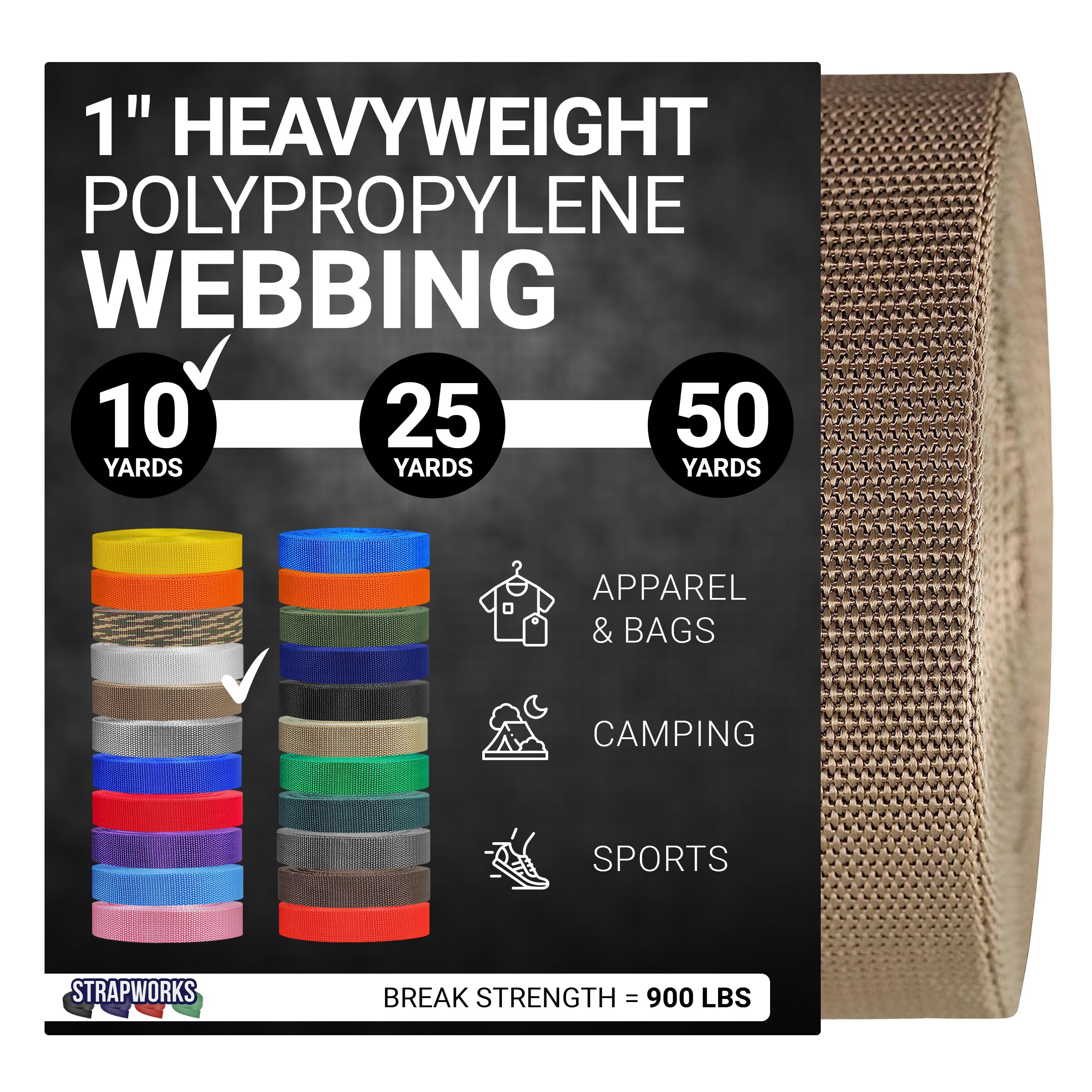 Strapworks Heavyweight Polypropylene Webbing - Heavy Duty Poly Strapping for Outdoor DIY Gear Repair, 1 Inch x 10 Yards - Tan