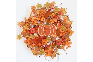 J'FLORU Artificial Fall Wreath with Pumpkins and Maple Leaves,20 Inch Orange Fall Door Wreath Autumn Wreaths for Front Door Wall Farmhouse Decor and Thanksgiving Harvest Festival Celebration