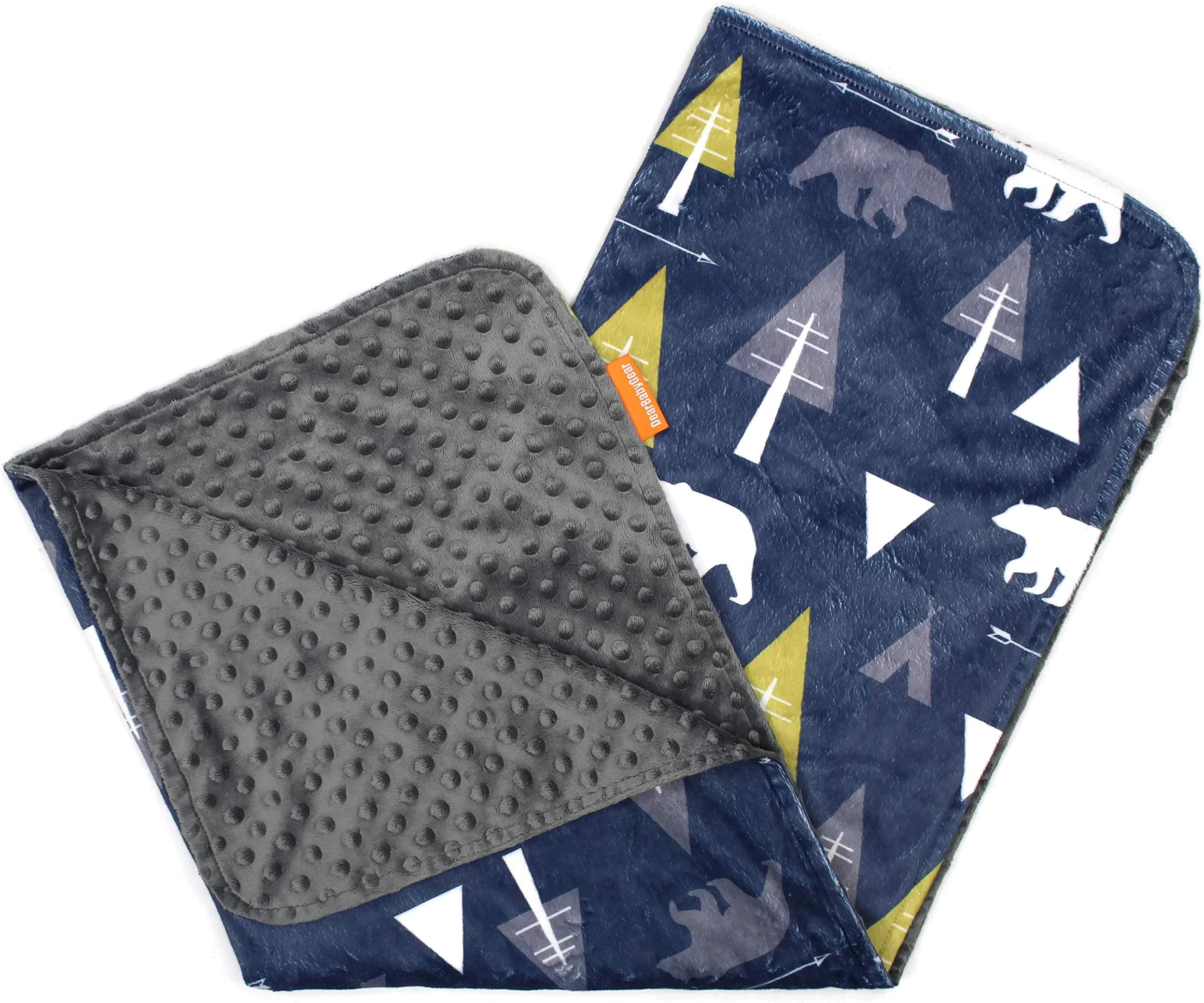 Dear Baby Gear Deluxe Baby Blankets, Custom Minky Print Double Layer, Bear Adventure on Blue, Grey Minky Dot, 38 Inches by 29 Inches