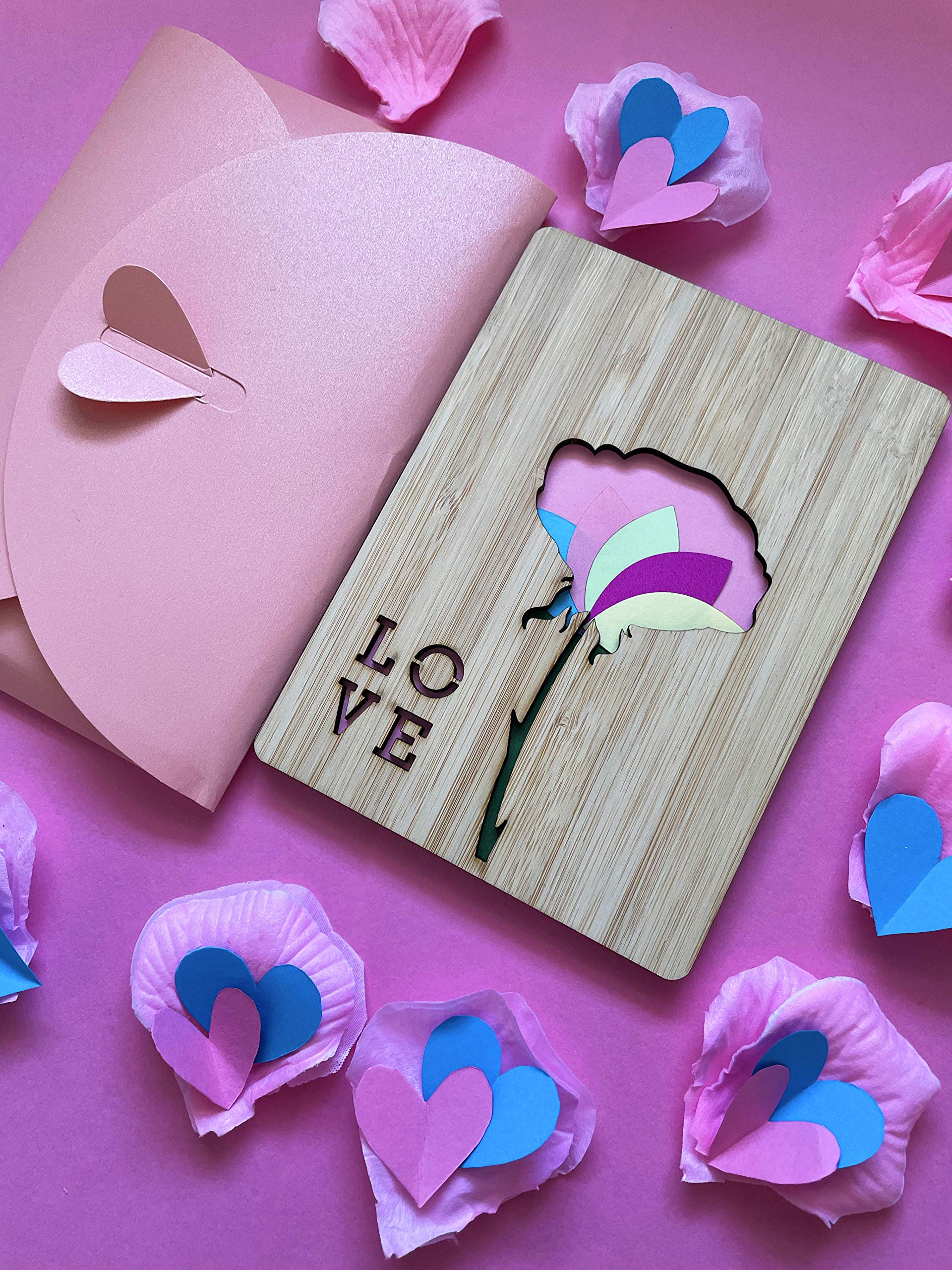 KoCentral Pink Love Flower Wooden Love Card, Unique Gift Packaging, Wooden Greeting Card for Mother's Day, Birthday, Valentine's Day, Wedding, Engagement, Anniversary
