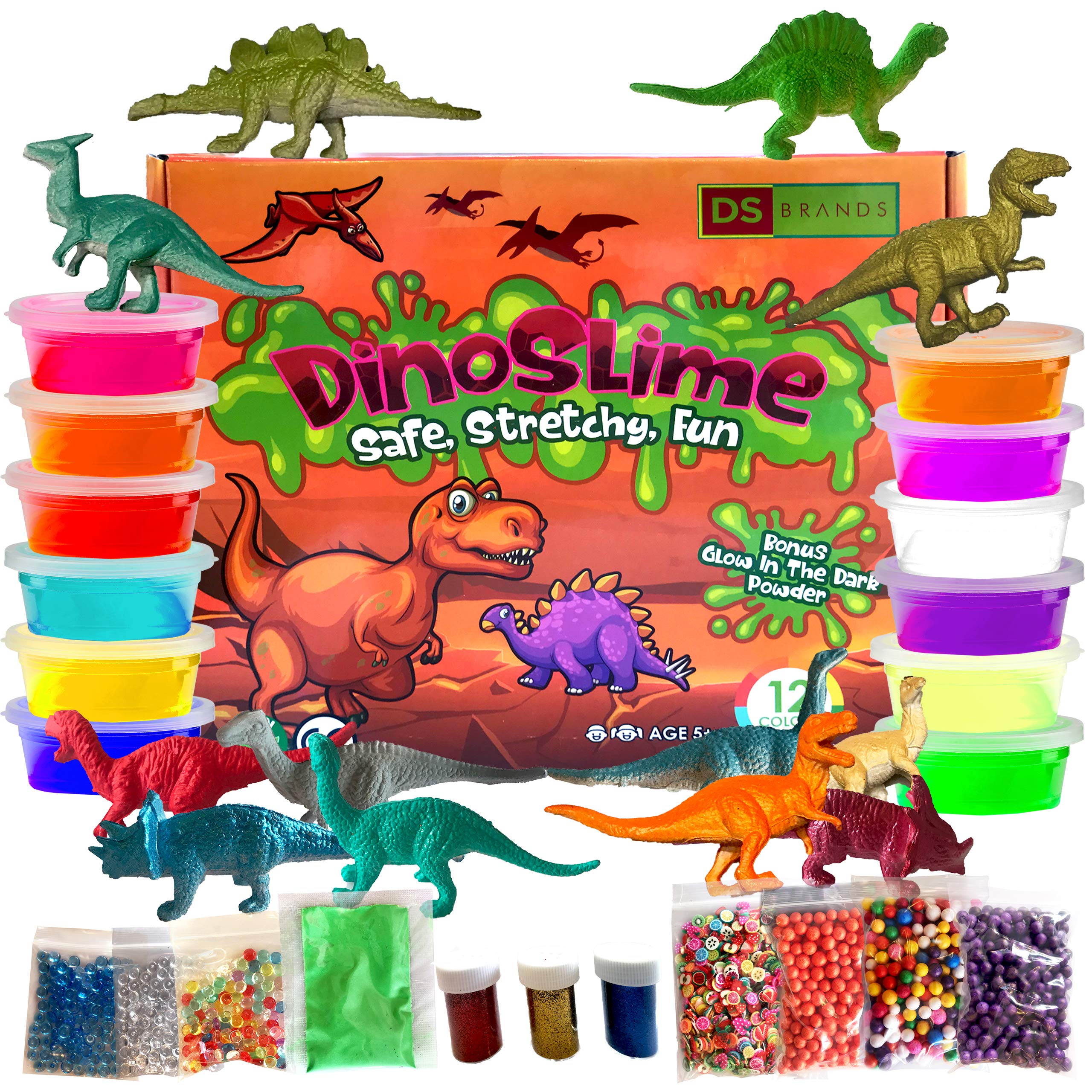 DS Brands Dinosaur Slime Kit - Clear DIY Cloud Butter Fluffy Slime Making Kit For Boys Girls with Glow in Dark Accessories and Mini Dinosaurs Gift Set| Sensory Toys Stocking Fillers For Boys, Kids