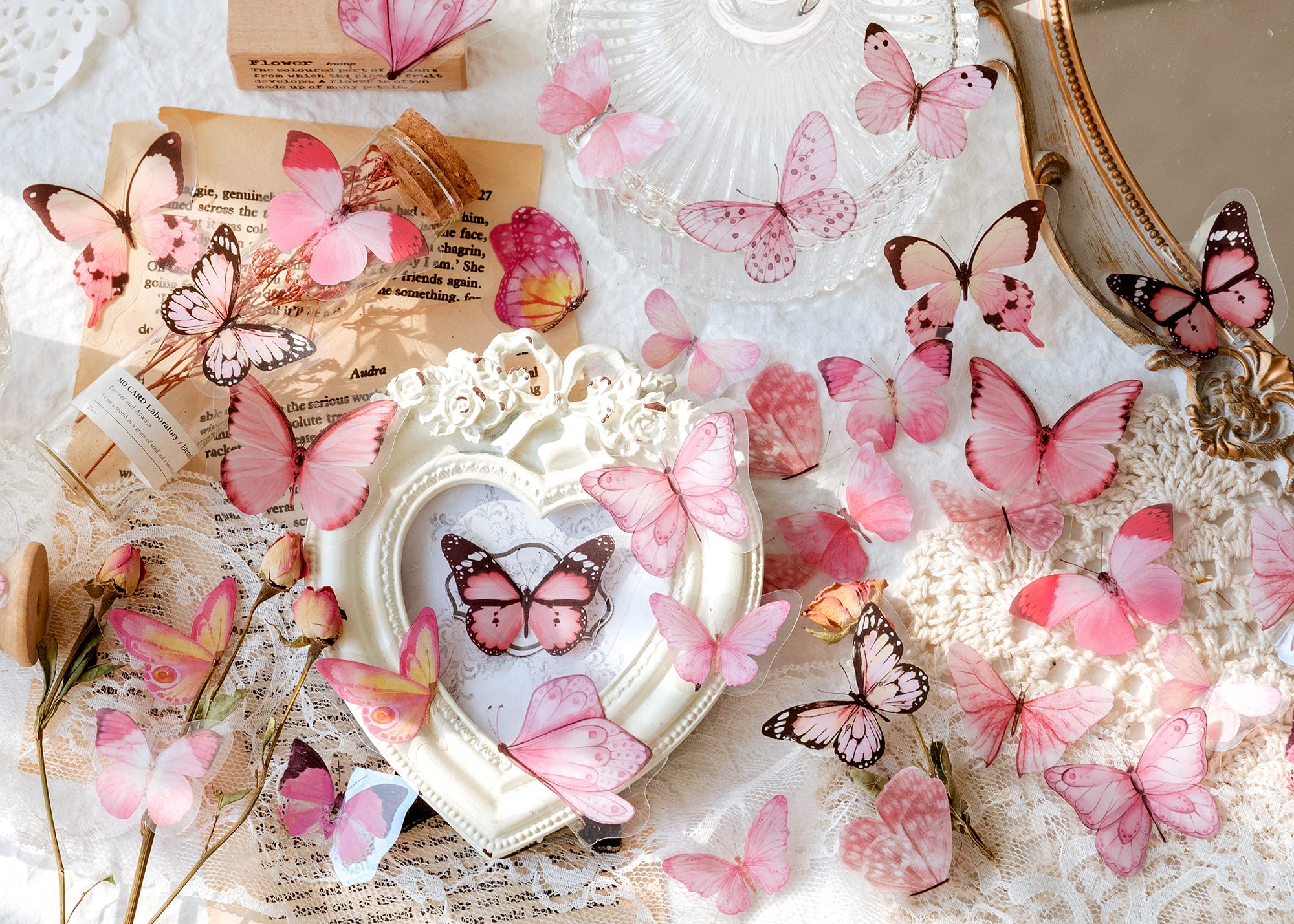 Knaid Butterfly Stickers Set (320 Pieces) Transparent Colorful Butterflies Resin Stickers Decals for Nature Scrapbook Supplies Junk Journal Bullet Journals Planners Laptops Paper Crafts