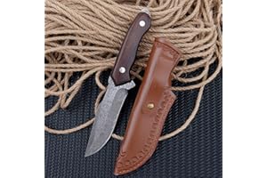 Fixed Blade Knife with Sheath, Damascus Pattern Blade, Wooden Handle, Outdoor Tools, Survival Gear, Hunting, Hiking, EDC (Bro