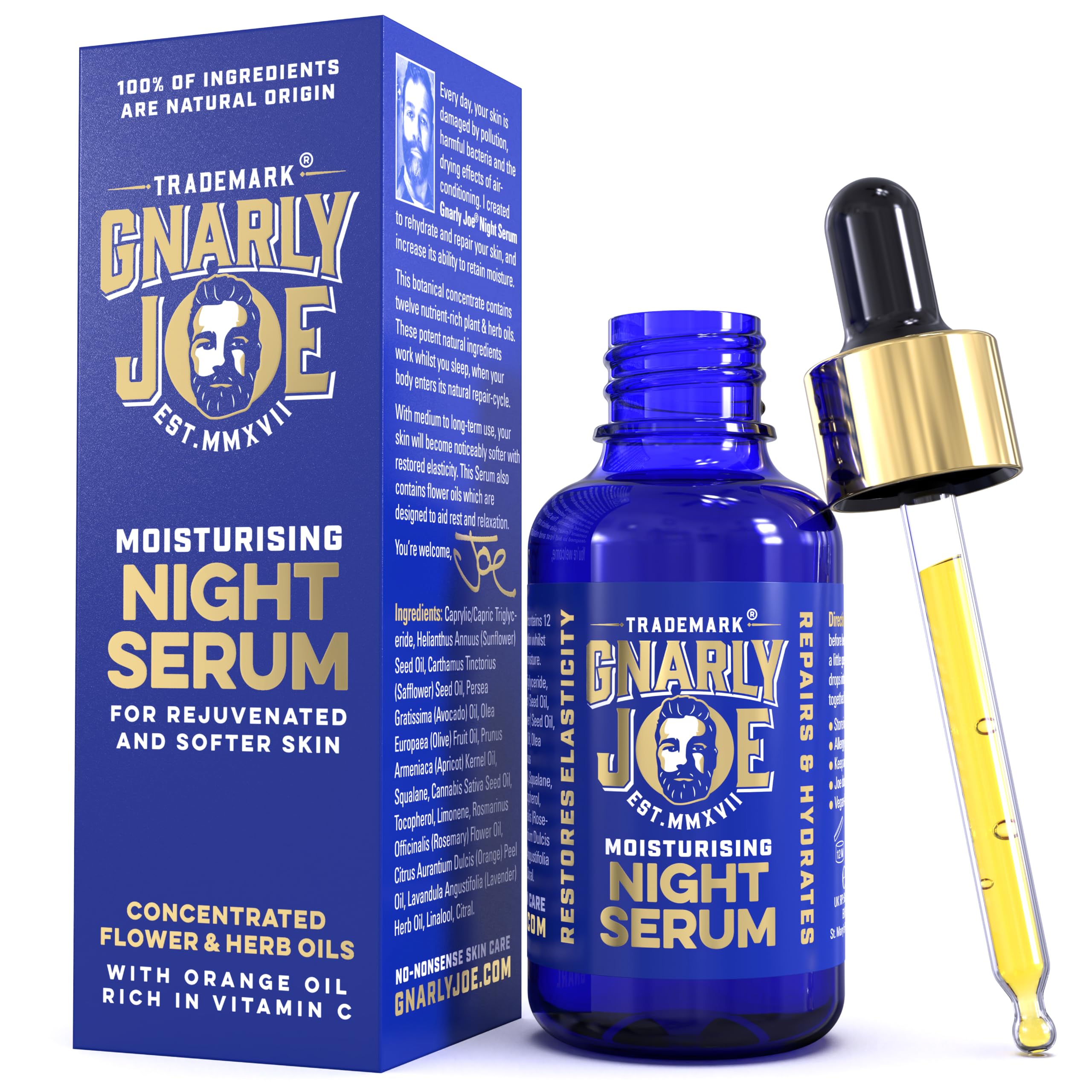 Gnarly Joe Mens Face Serum - 30ml Overnight Serum - Natural Anti-Wrinkle Face Cream for Men with Vitamin C - Hydrating Men’s Face Moisturiser - Skin Firming Face Oil Serum for Men - UK Made