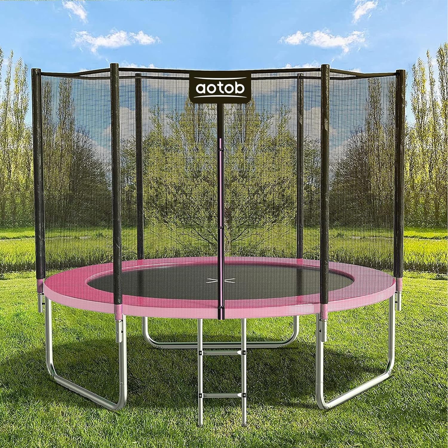 Photo 1 of AOTOB 8 FT Trampoline Safety Enclosure Net Combo Bounce Jump for Kids Outdoor with Spring Pad Waterproof Jump Mat & Ladder (Pink White)