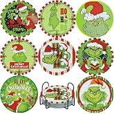 cdjlddww 8 Pcs Diamond Painting Coasters Kits Set, Christmas Diamond Art Coasters with Holder, DIY Xmas Diamond Art Kits Adult,Diamond Dot Coaster Present