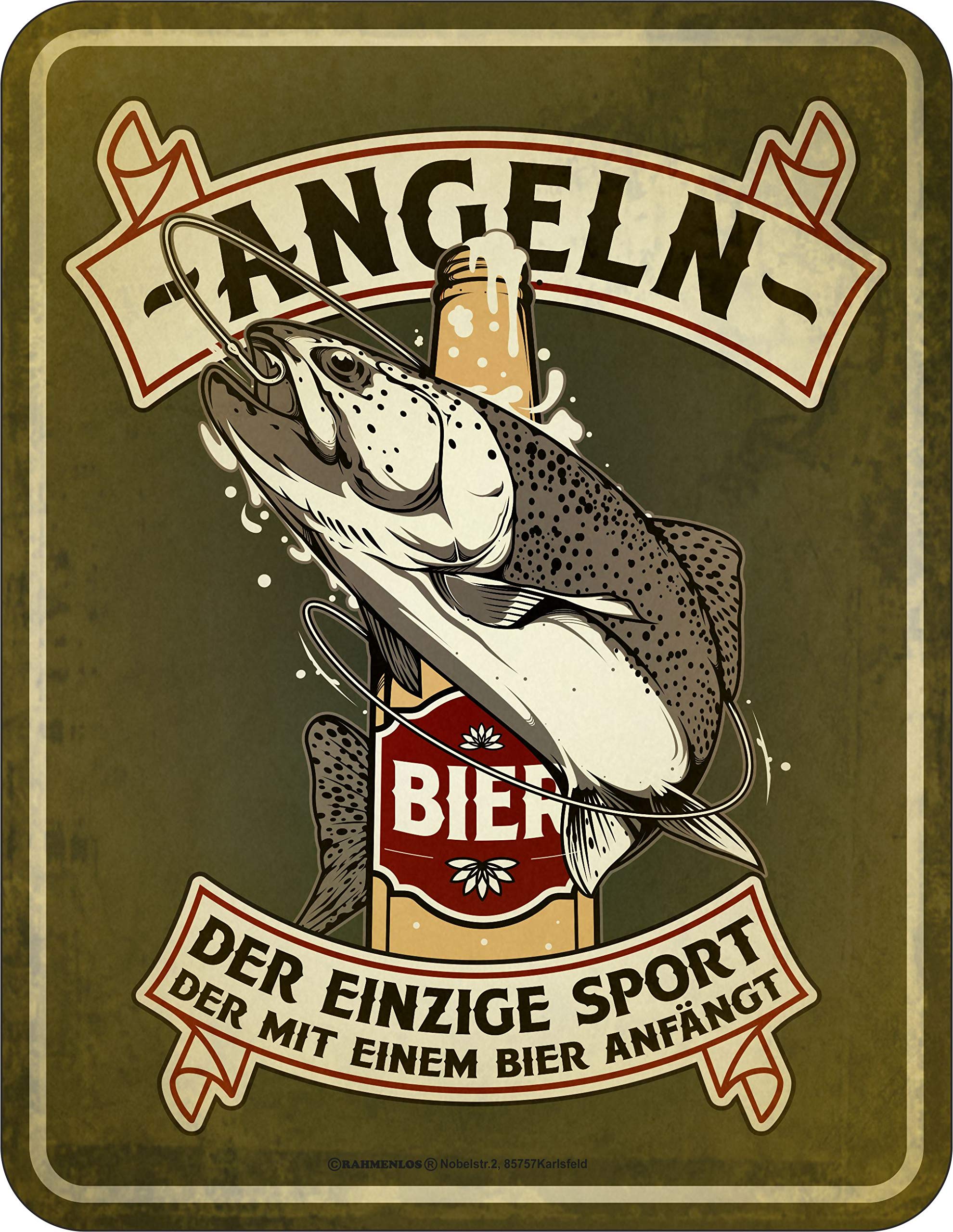 RAHMENLOS Decorative tin sign: Fishing - The only sport that starts with a beer