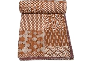 Marubhumi Indian Handmade Pure Cotton Kantha Quilt Throw Blanket Bespread (Brown, Queen (90"x 108"))