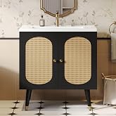 DWVO 36 Inch Rattan Vanity with Sink | Freestanding Bathroom Vanity Cabinet, Boho Style with 2 Large Soft‑Closing Doors &amp; Four‑Sided Water Barrier Strip, Black