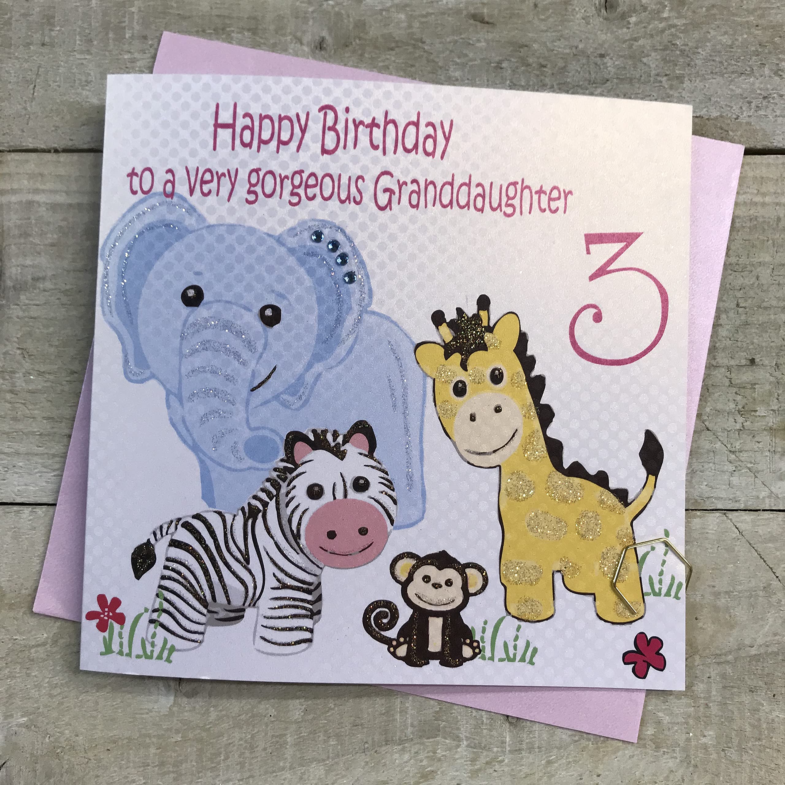 white cotton cards "Happy Birthday To A Very Gorgeous Granddaughter 3" Safari Animals 3rd Birthday Card, White, GL220-GD3