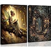 2Pcs Vintage Forest Fairy Canvas Wall Art Sitting On Branch Reading A Book Enchanted Fairy Portal Forest Pictures Wall Decor Posters Prints Girly Aesthetic for College Apartment Bedroom