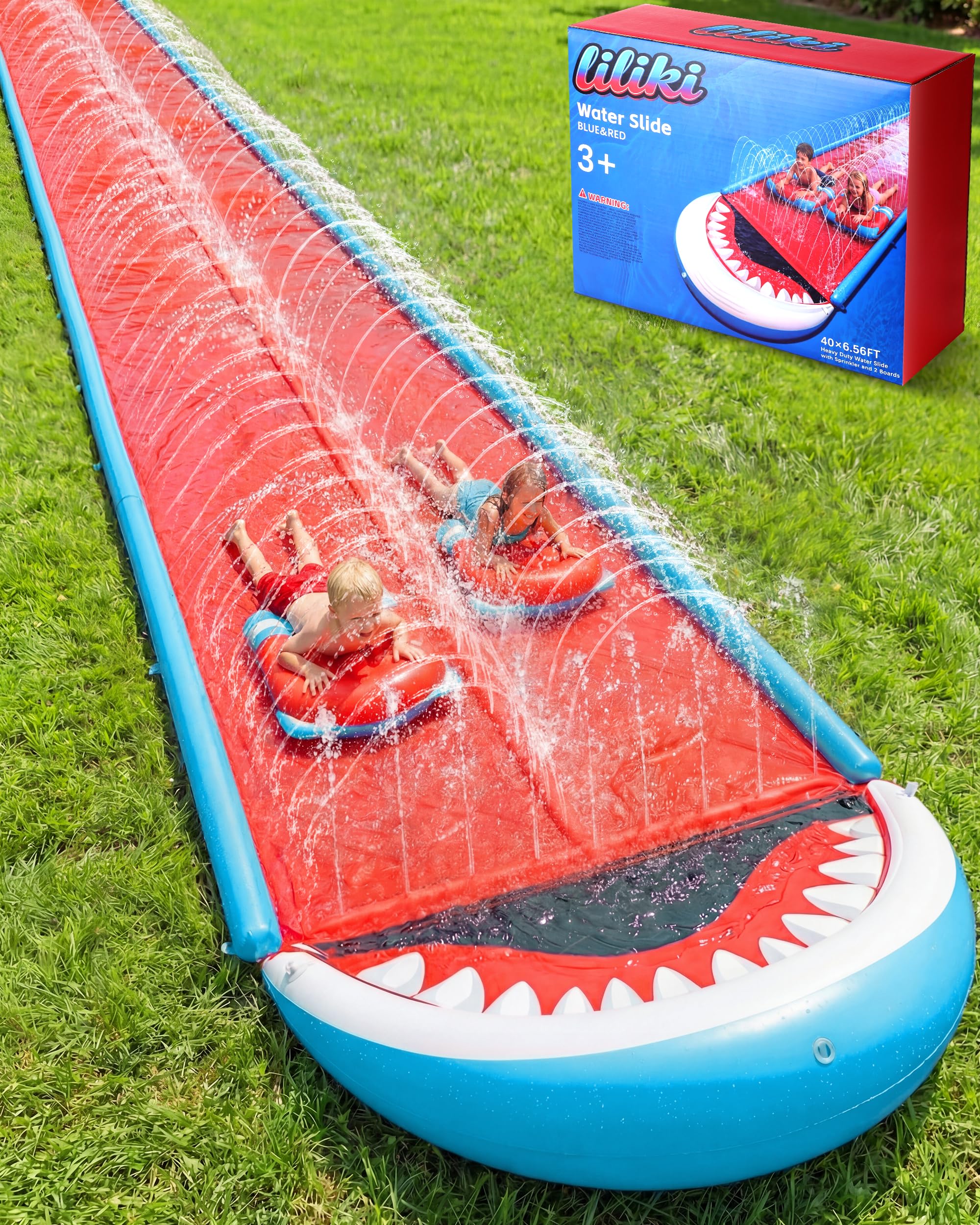 40×6.56FT Heavy Duty Slip and Slide with Sprinkler and 2 Boards, Slip Splash and Slide with 3-Way Water Sprinkler, Giant Lawn Water Slide for Outdoor Backyard Lawn Kids Teens and Adults (Blue & Red)