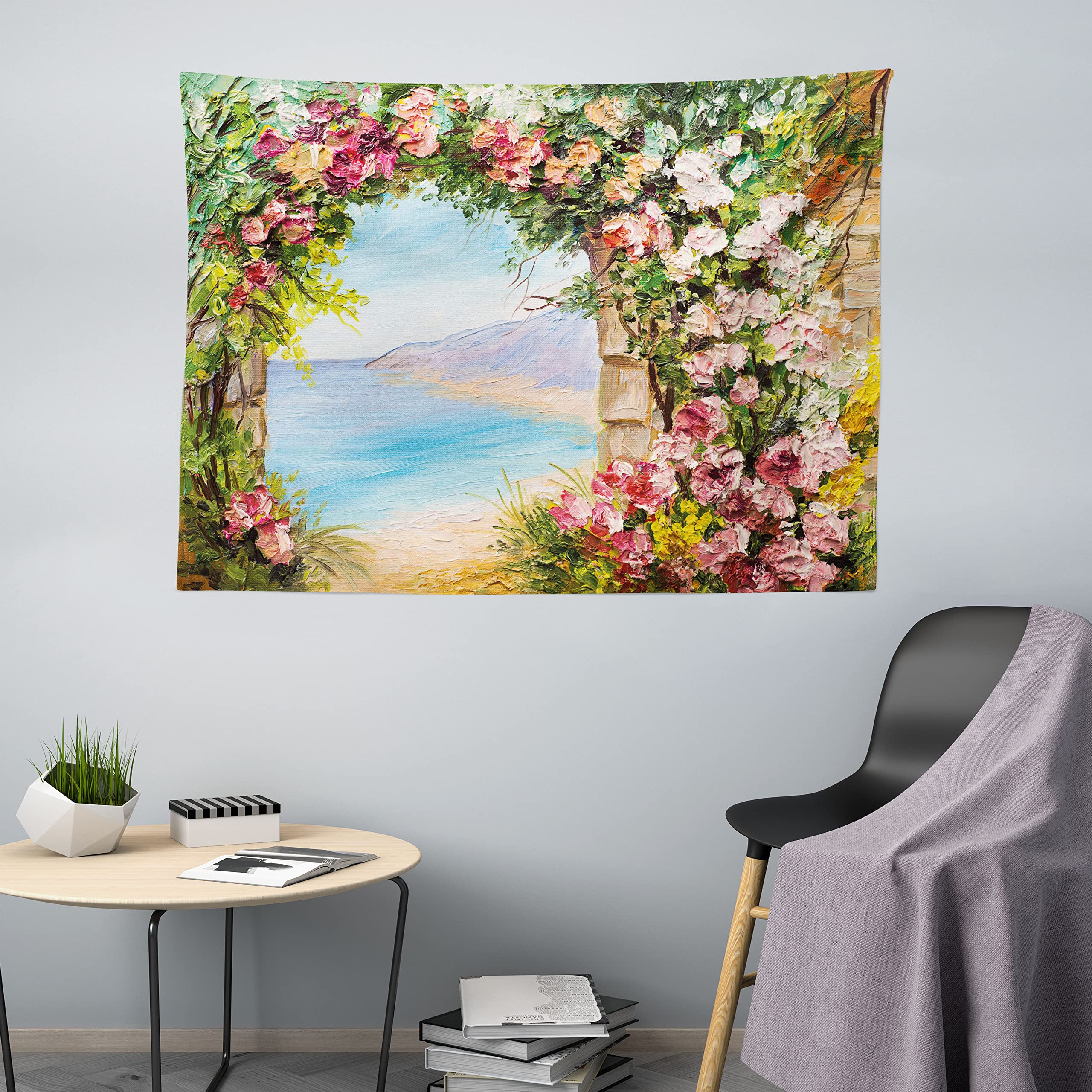 ABAKUHAUS Art Tapestry, Old Antique Arch Covered by Rose Petals Branches Romantic Italian Panorama Sea Print, Wall Hanging for Bedroom Living Room Dorm, 80 W X 60 L, Multicolor