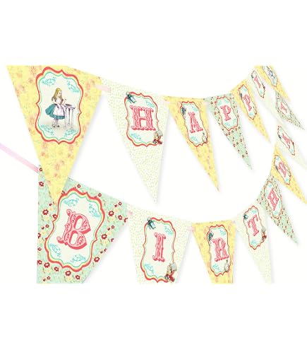Alice In Wonderland Happy Birthday Banner - 15 Pennant Flags, Party Decor