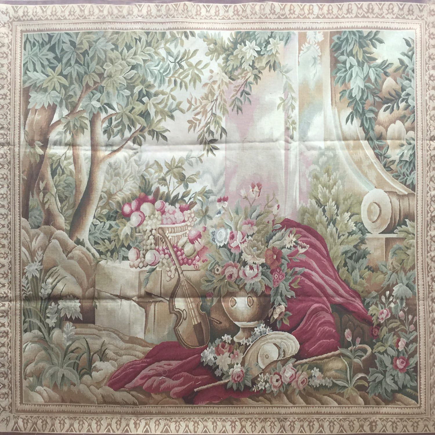 Yilong Carpet 5.7'x6.6' Handmade French Aubusson Wool Carpet Flower Trees Fruits and Violin Wall Hanging Tapestry Pictorial Handmade Wool Rug Au305.7x6.6