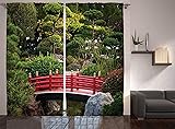 Ambesonne Japanese Curtains, Bridge Over Pond in
