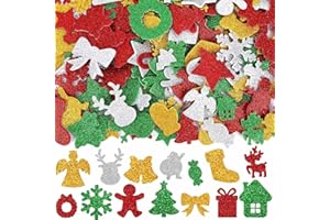 JULBEAR 300 Pcs Foam Stickers - Red, Green, Silver, Gold Xmas, Santa Claus, Snowman, Elk, Snowflake - Bulk for Crafts, Party Favors, Decoration