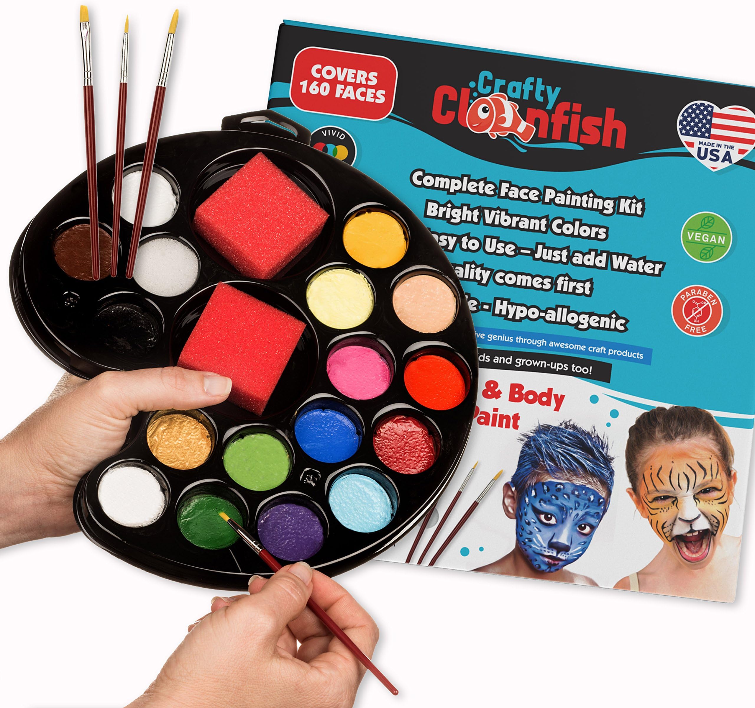 Face Painting Kit 16 Color with 3 Brushes 3 Sponges - Free ebook Face Paint Made in USA Great for Parties, Events, Dressing Up School Fair. Hypoallergenic, Low Mess Reusable Washable Facepaint Set