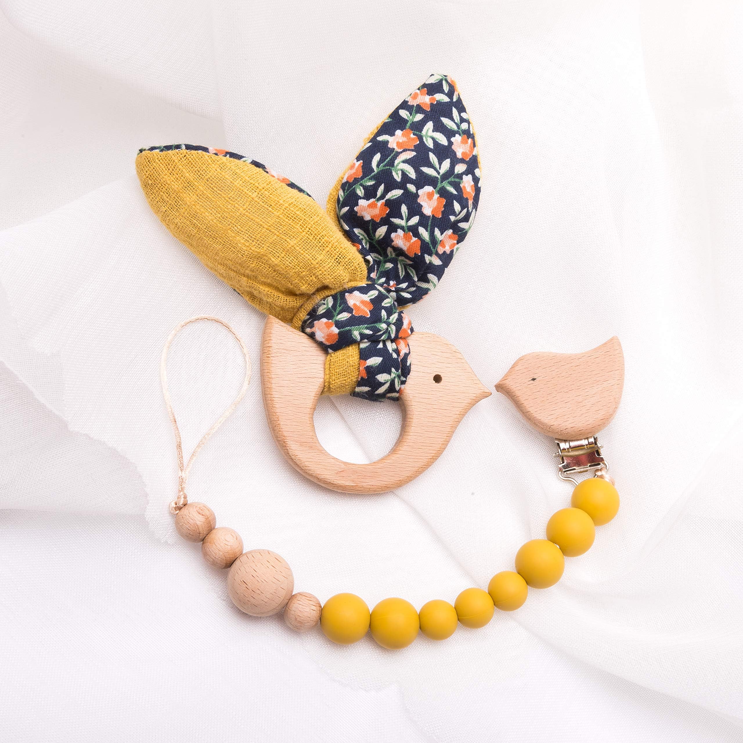 Mamimami Home 2PC Baby Wooden Yellow Bunny Bear Silicone Teether Beads Wooden Bird Pacifier Clip Montessori Toys