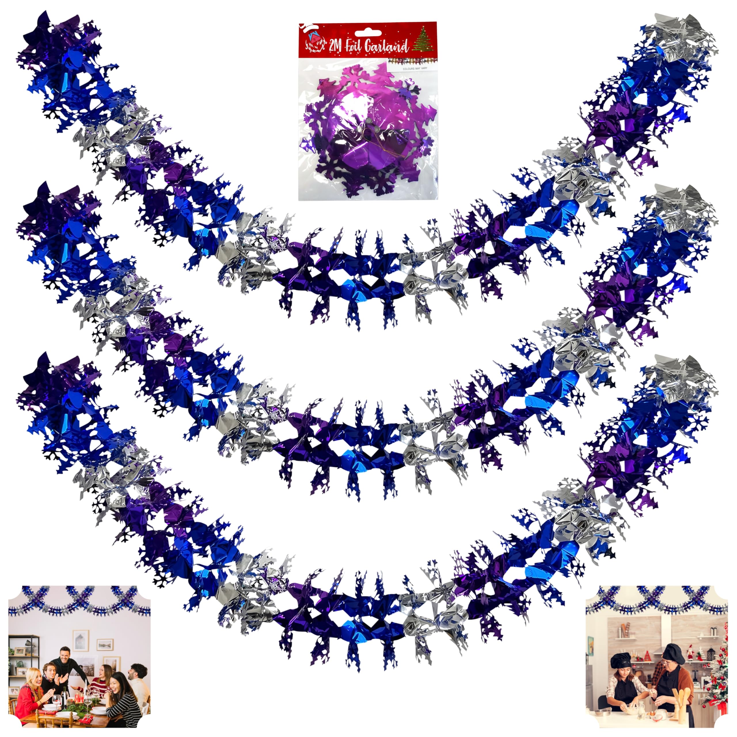 3PCs Christmas Ceiling Decorations - 6M Foil Snowflake Garland & Festive Wall Hanging Decor in Purple, Silver & Blue | Indoor Xmas & New Year Decorations