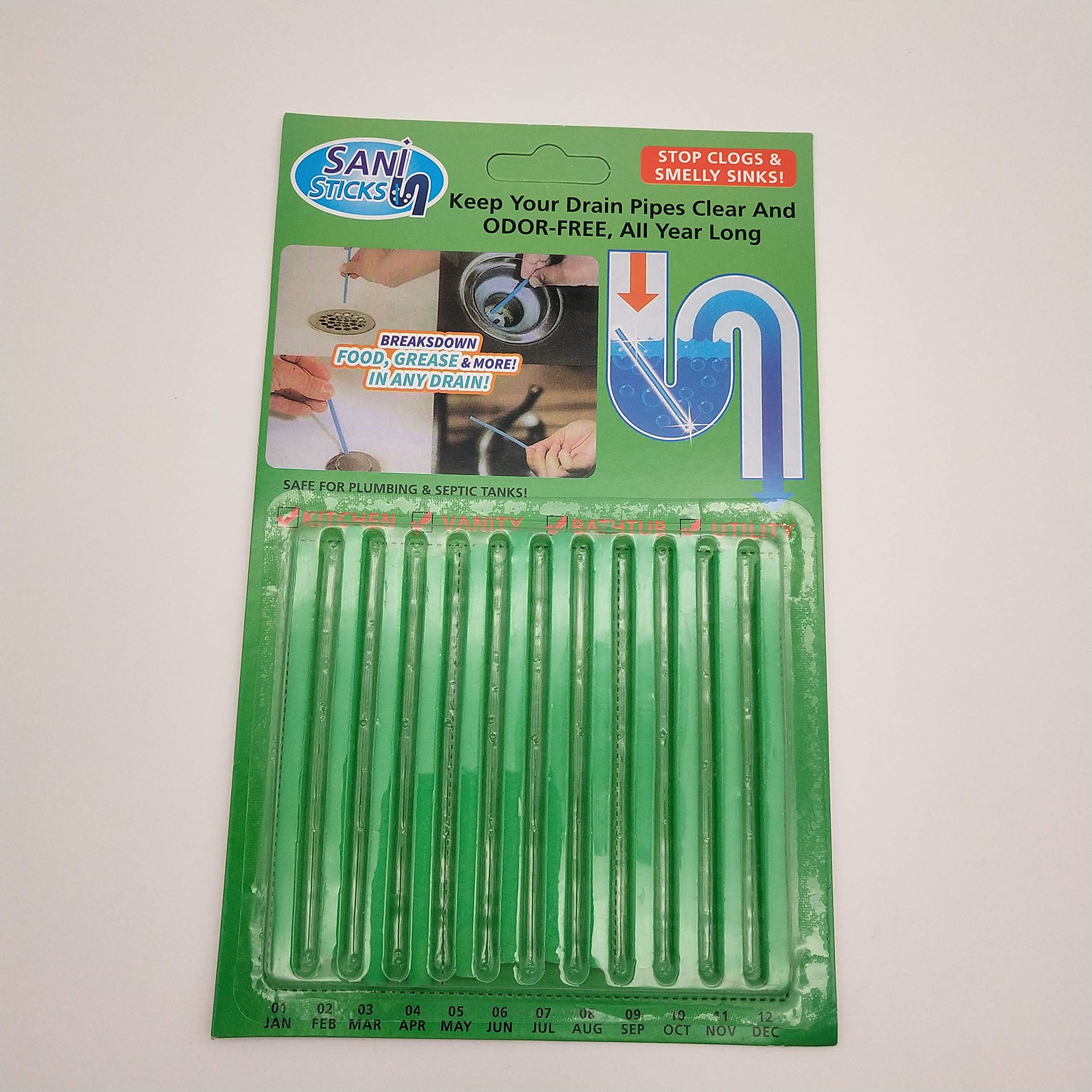 Sani Sticks GHONLZIN Drain Sticks 1 Packs(12 pcs) Keeps Drains and Pipes Clear and Odor Cleaning Tool Tub Decontamination Hair Clean As Seen On TV (Green)