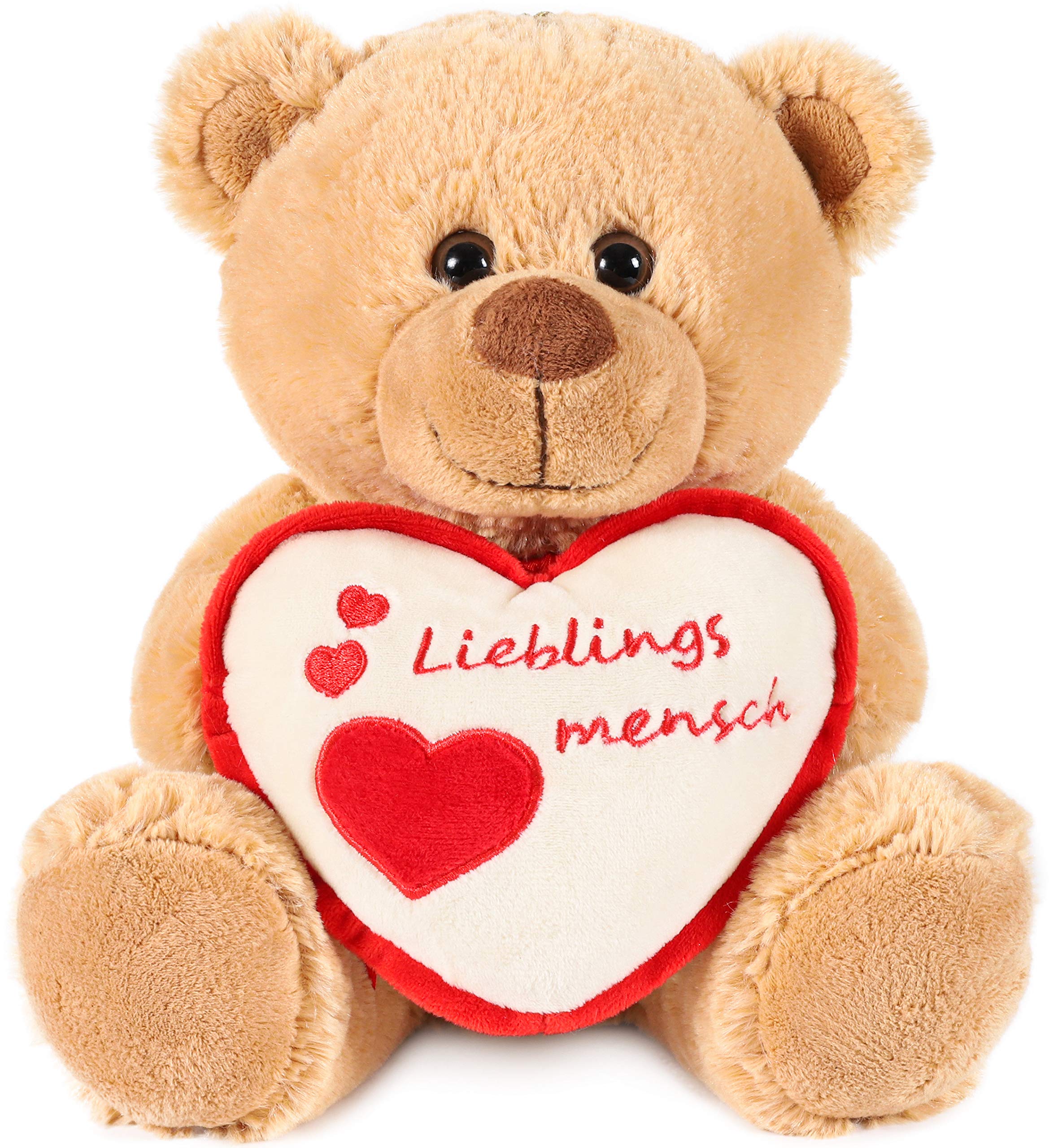 BRUBAKER Teddy Teddy Bear With Heart Red Beige - Lieblingsmensch - 10 Inches (25 Cm) - Teddy Bear Plush Teddy Cuddly Toy - Light Brown