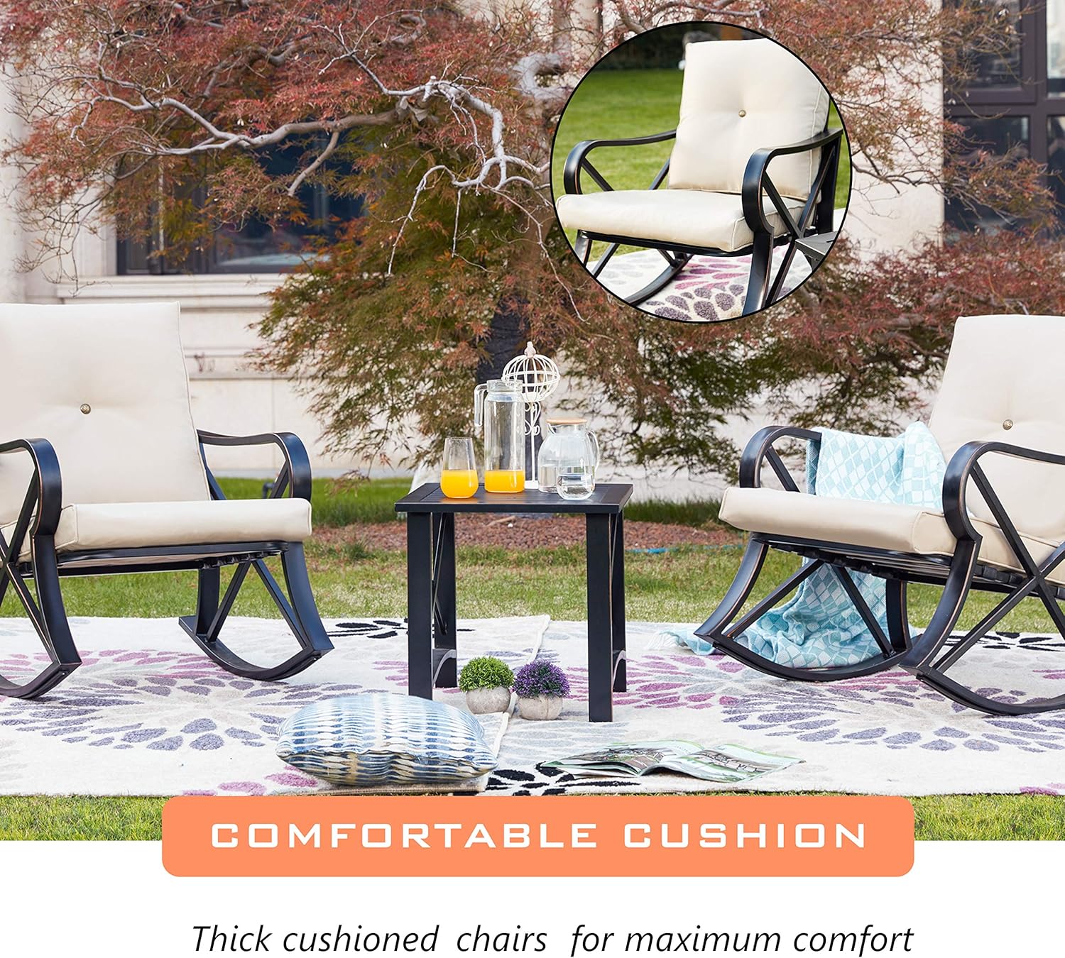 LOKATSE HOME 3 Piece Patio Outdoor Rocking Chair Bistro Sets with Coffee Table, Khaki: Garden & Outdoor