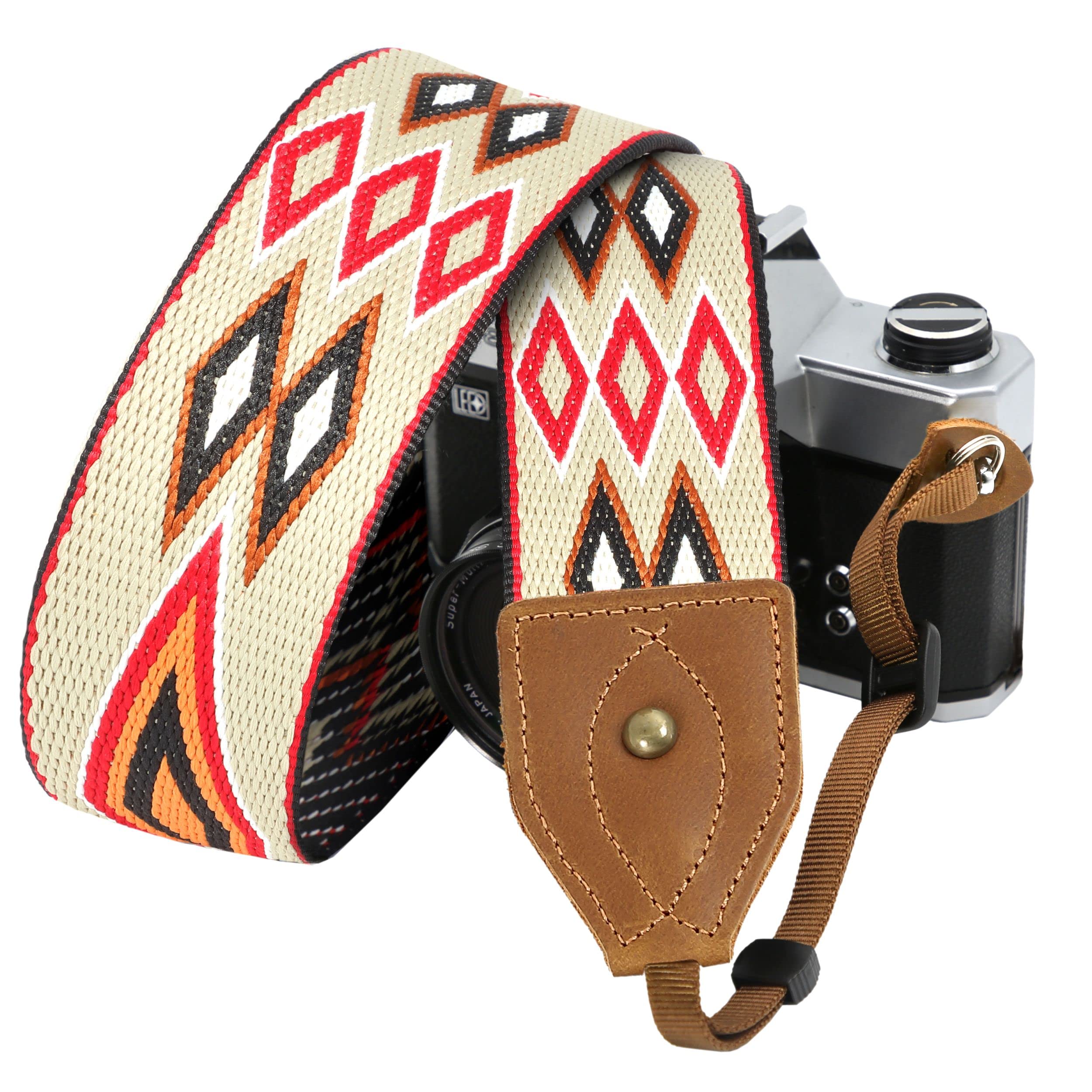 Padwa Lifestyle Camera Strap - Classic Crazy Horse Art Cowhide Leather Ends, Unique Vintage Embroidered Cotton Strap for DSLR Cameras (Red Rhombus)
