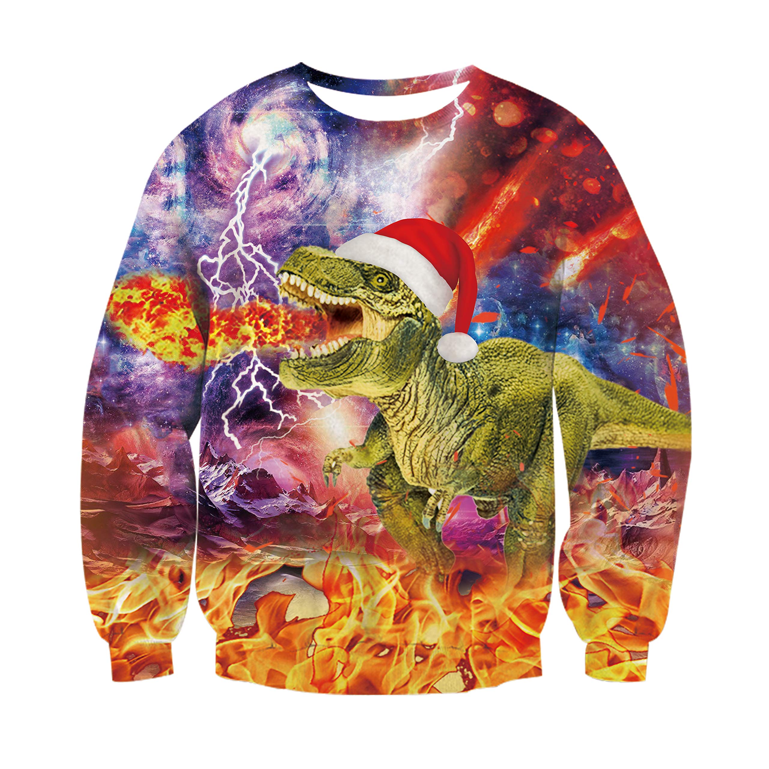 RAISEVERN Unisex Funny Dragon Print Ugly Christmas Sweater Crewneck Sweatshirt Long Sleeved XXL Dinosaur Green