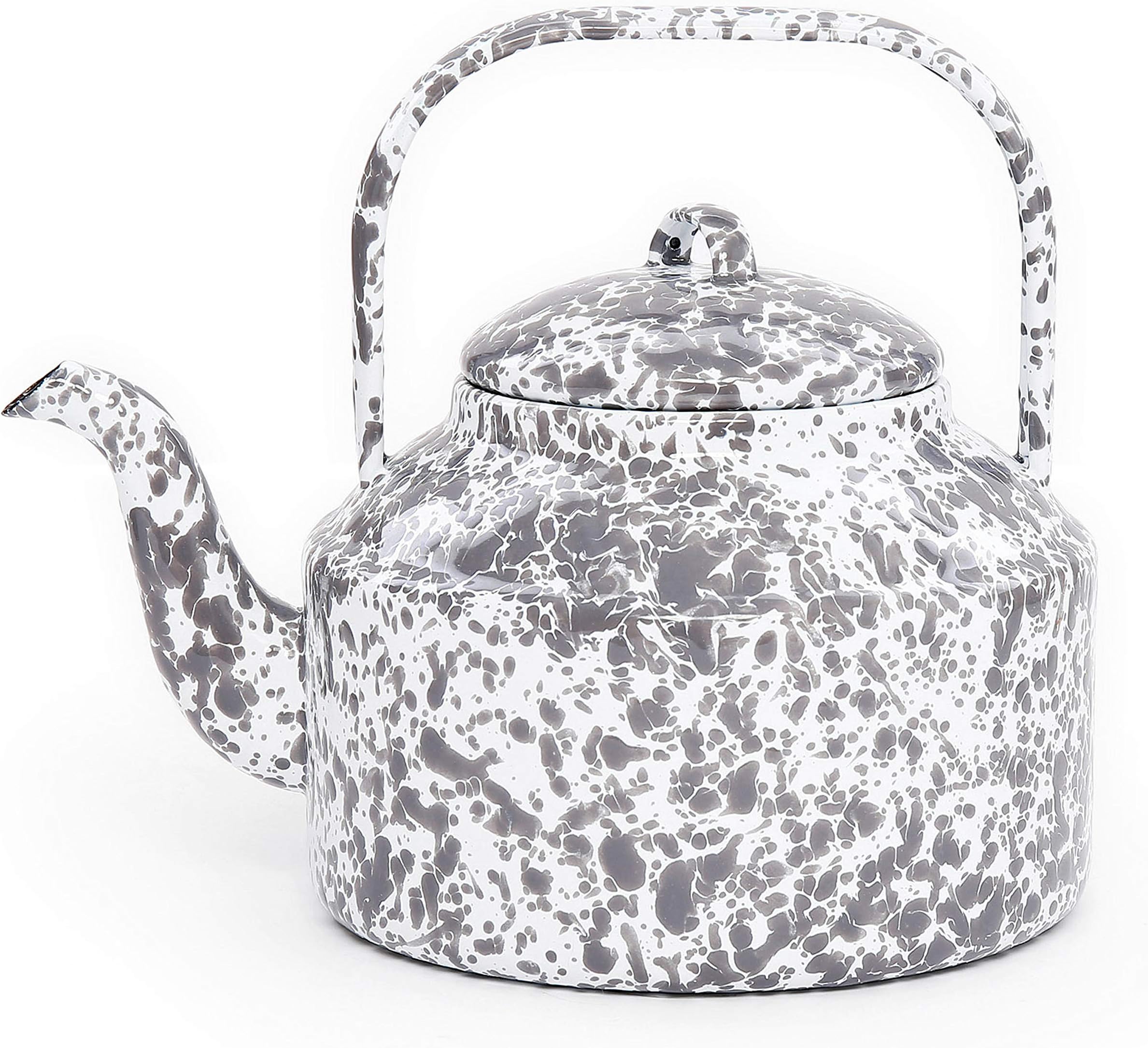 Enamelware Tea Kettle, 2.75 quart, Grey/White Splatter